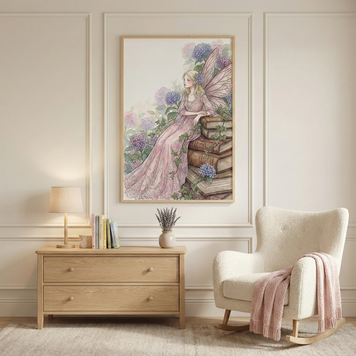A framed illustration of a delicate fairy with soft pink wings and a flowing blush gown sits atop a stack of vintage books surrounded by blooming hydrangeas and trailing ivy. The artwork hangs above a light wood dresser styled with books and a small lamp beside a cozy cream rocking chair with a pink knit throw, creating a whimsical and storybook inspired nursery reading corner.