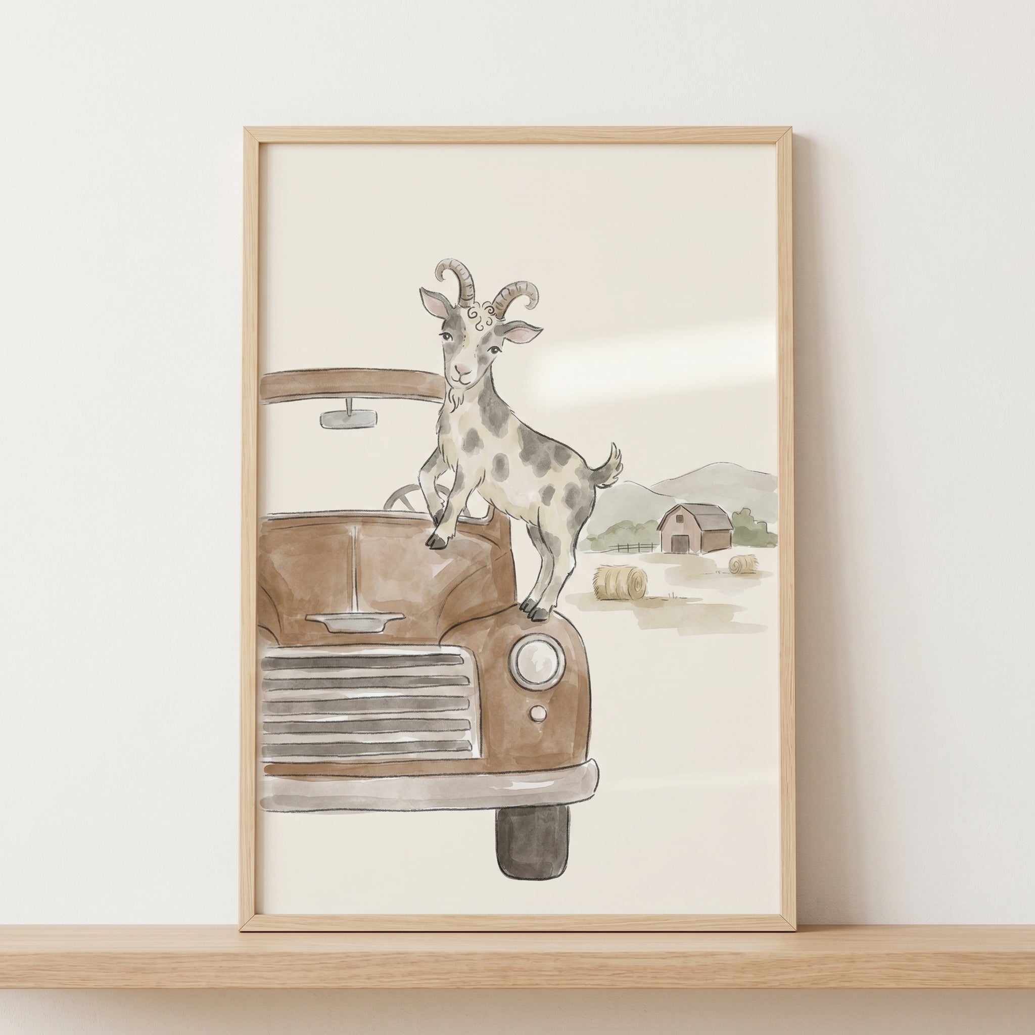 Watercolor Farm Truck Goat Wall Art - Spotted Farm Goat