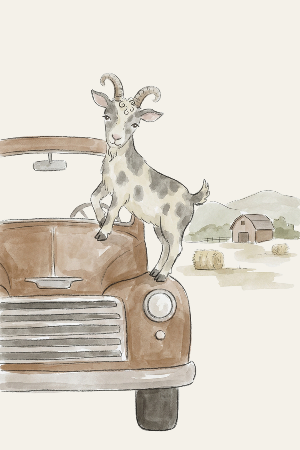 Watercolor Farm Truck Goat Wall Art - Spotted Farm Goat
