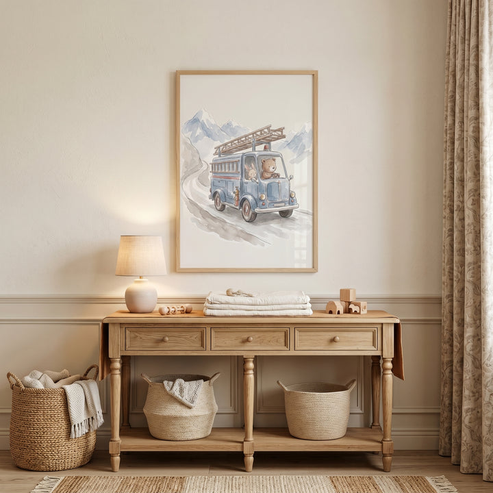 Watercolor fire truck animals wall art hangs above a wooden console table in a room with neutral decor and baskets.