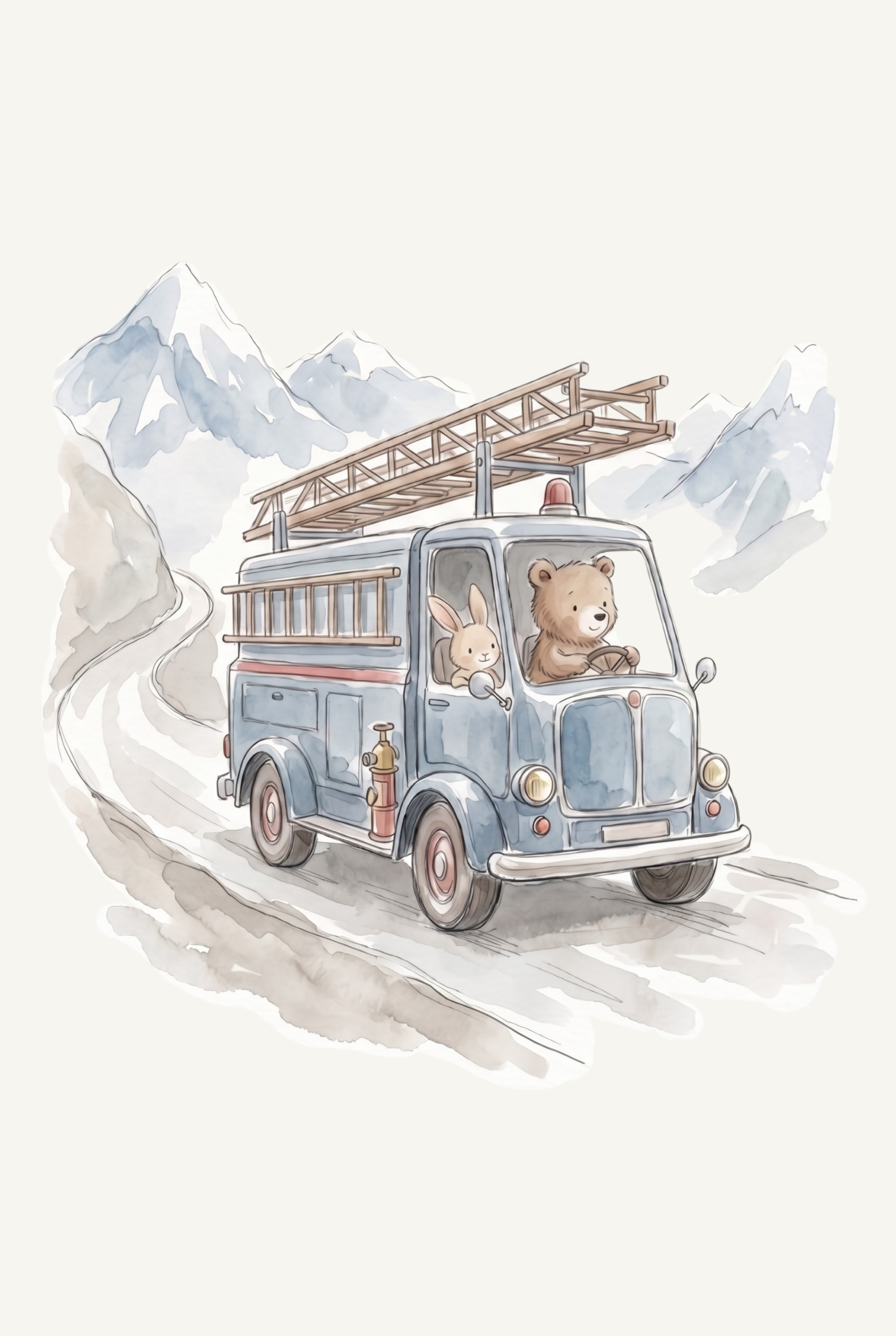 Watercolor Fire Truck Animals Wall Art - Mountain Rescue Duo