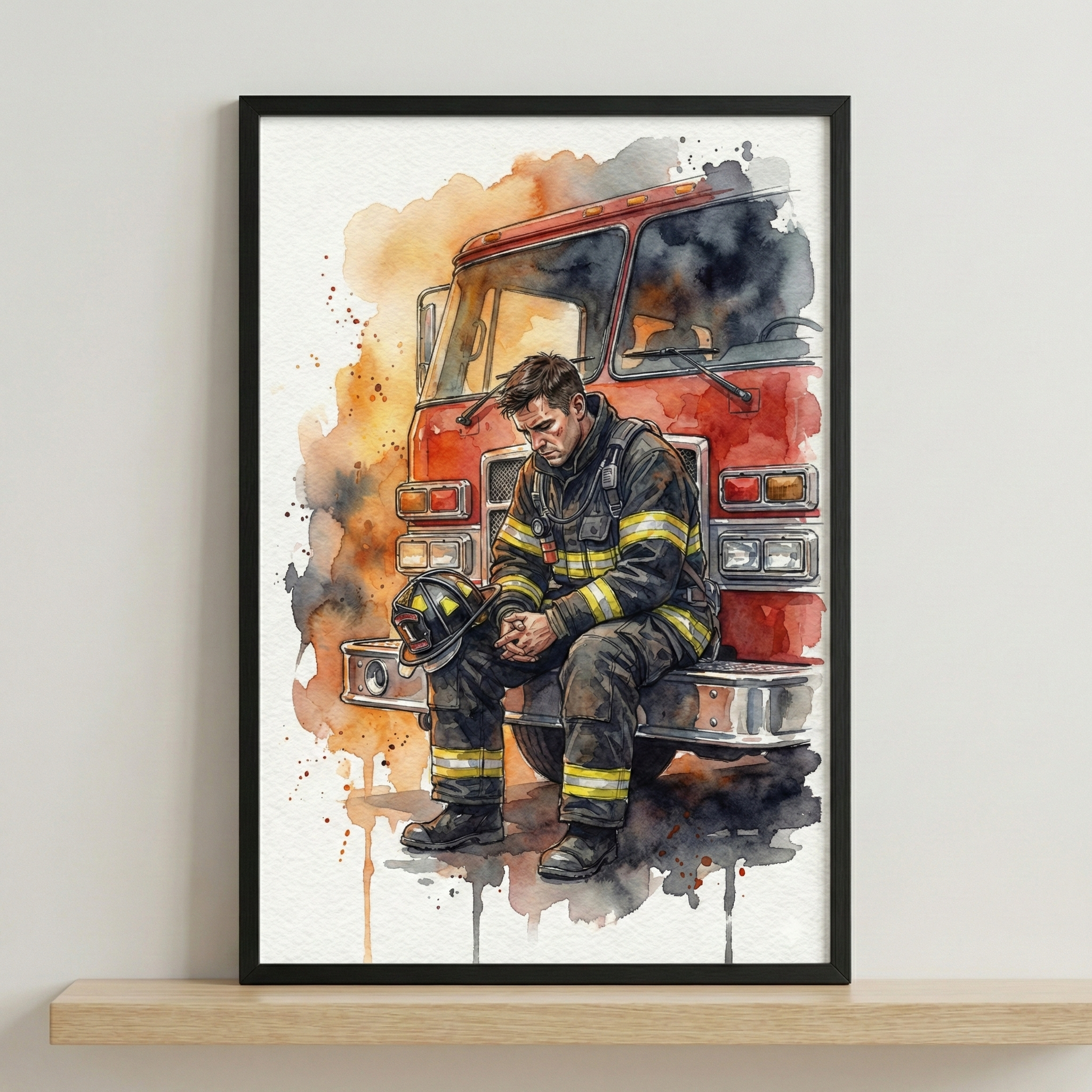 A framed watercolor-style illustration depicts a weary firefighter sitting on the bumper of a red fire engine. The man is shown in full protective gear, his head bowed and hands clasped in a moment of quiet reflection or exhaustion. His helmet rests on his knee. The scene is rendered with expressive splashes of orange, gray, and black, suggesting the elements of fire and smoke. The art piece is encased in a simple black frame and displayed on a light-colored wooden shelf against a neutral wall.