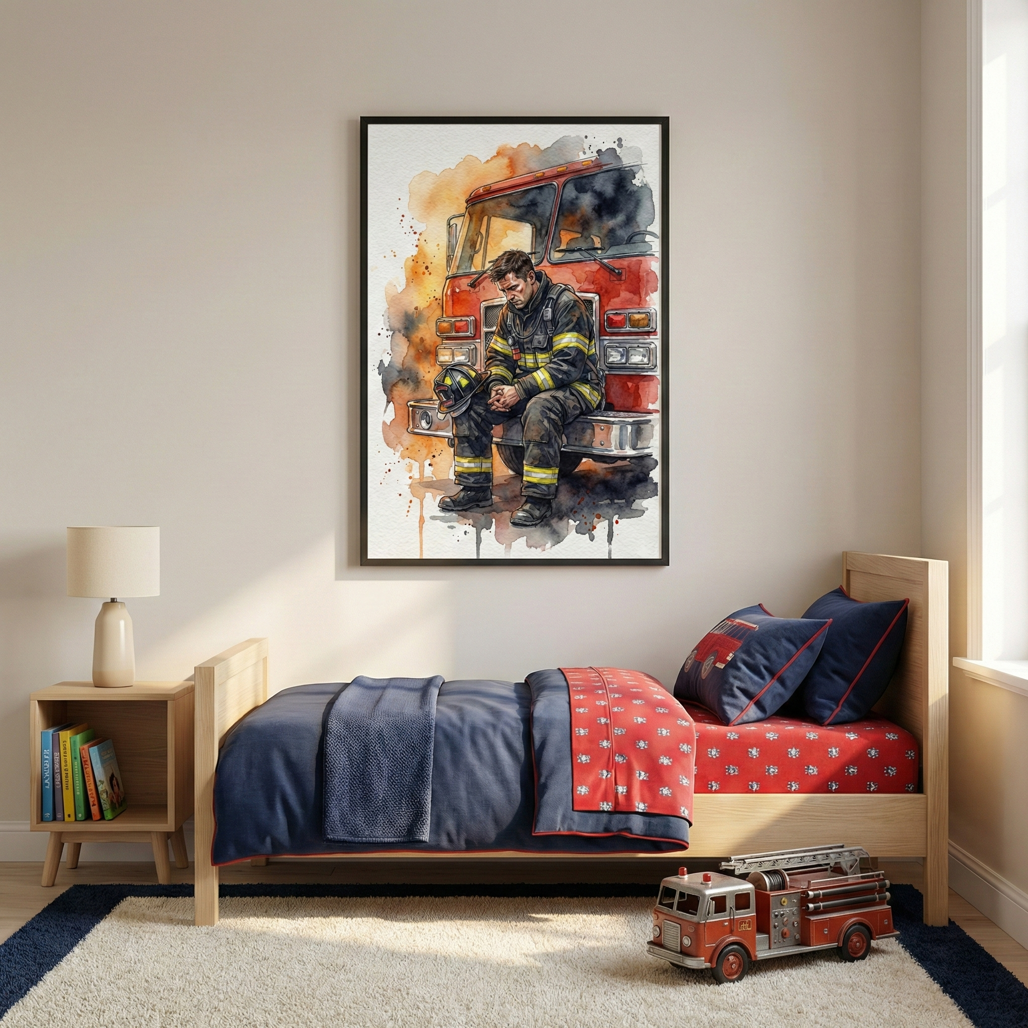 A child's bedroom features a cohesive firefighter theme. Centered on the neutral-toned wall is a large, black-framed watercolor-style illustration of an exhausted firefighter in full protective gear, sitting on the bumper of a red fire engine with his head bowed and helmet in hand. Below the artwork, a light wood twin bed is made with a navy blue comforter and red patterned sheets. A matching wooden nightstand sits to the left, holding a white lamp and several books. 