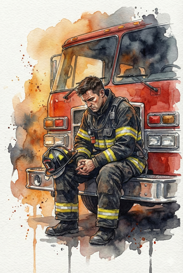 Emotional watercolor of a firefighter sitting on the bumper of a red fire truck with helmet resting beside him. Smoke and fire glow behind the vehicle as he looks down in quiet reflection.

