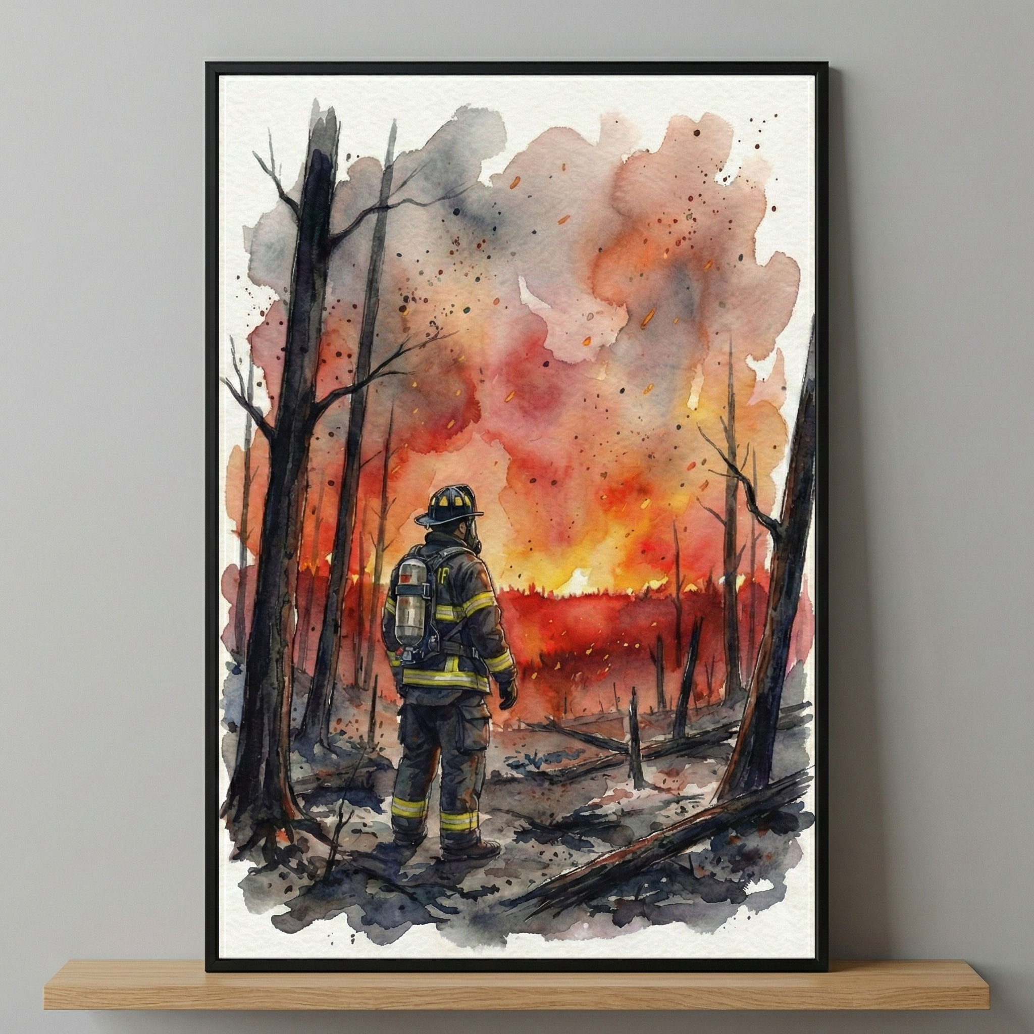 Vertical watercolor artwork of a firefighter seen from behind, standing in a devastated forest. The figure faces an immense wall of fire and thick smoke rendered in vibrant oranges and reds, punctuated by dark soot and embers. The firefighter wears gear with reflective yellow stripes and carries an oxygen tank. Charred, leafless tree trunks and ash-covered ground frame the scene. The framed piece is displayed on a light wood shelf against a solid grey wall.