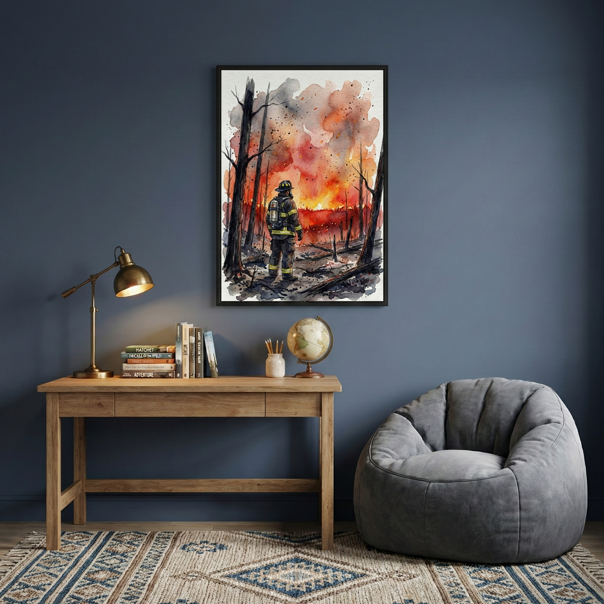 A contemporary room featuring a dark navy blue wall as a backdrop. A minimalist wooden desk is positioned against the wall, topped with a warm brass desk lamp, a collection of books, a small wooden pencil holder, and a decorative globe. To the right, a large, comfortable grey beanbag chair rests on a patterned rug with blue and beige geometric motifs. 