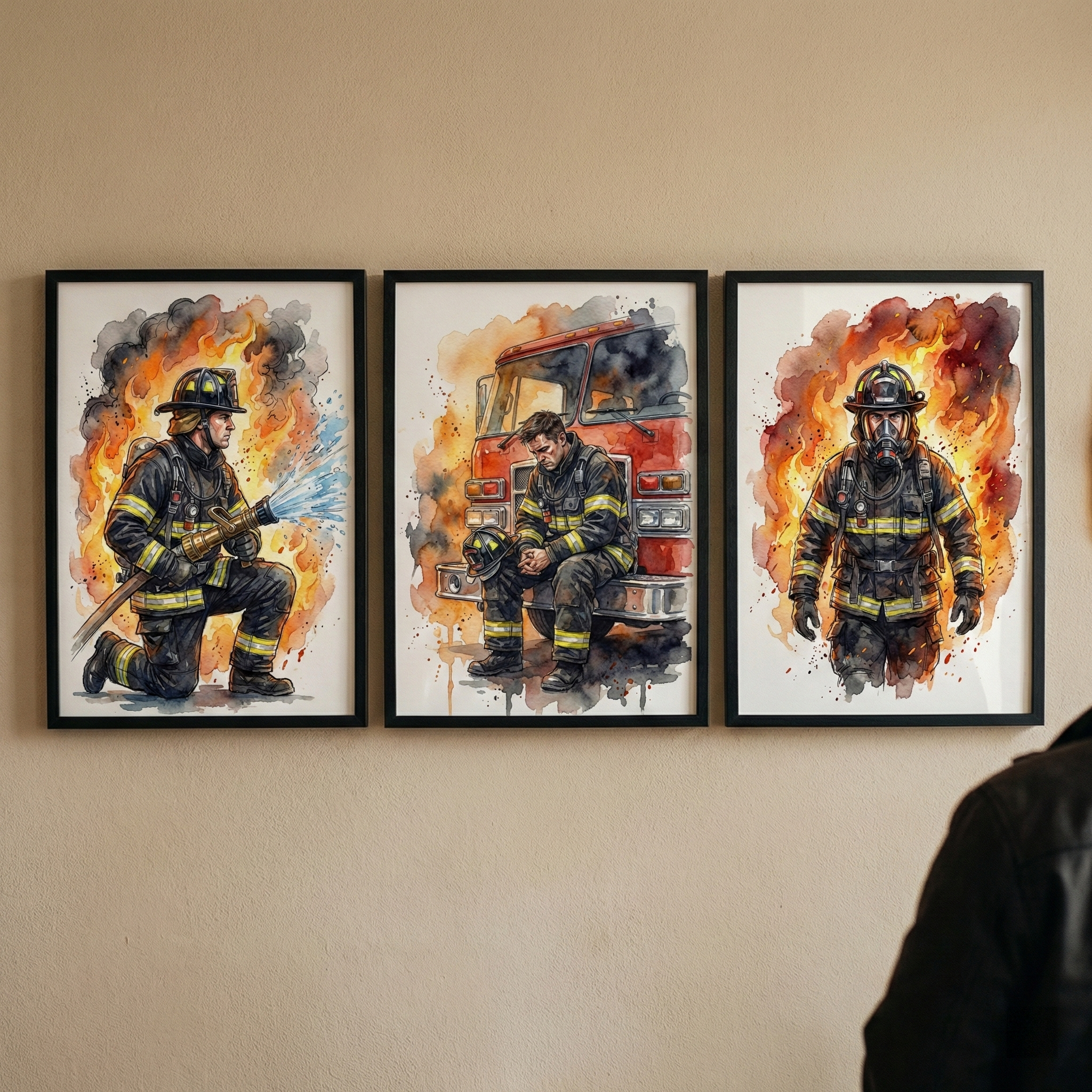 Watercolor Firefighter Artwork Set of 3 - Valor In Flames