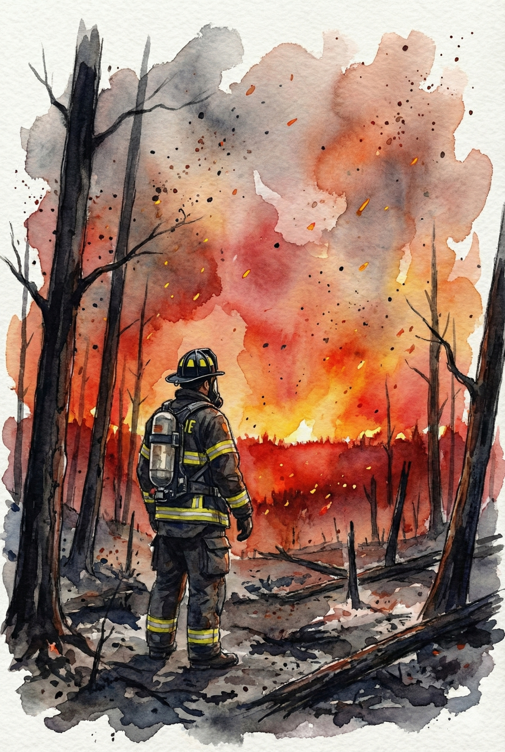 Back view illustration of a firefighter standing in a burned forest facing an advancing wall of wildfire. Charred trees frame the scene as red and orange flames spread across the landscape.
