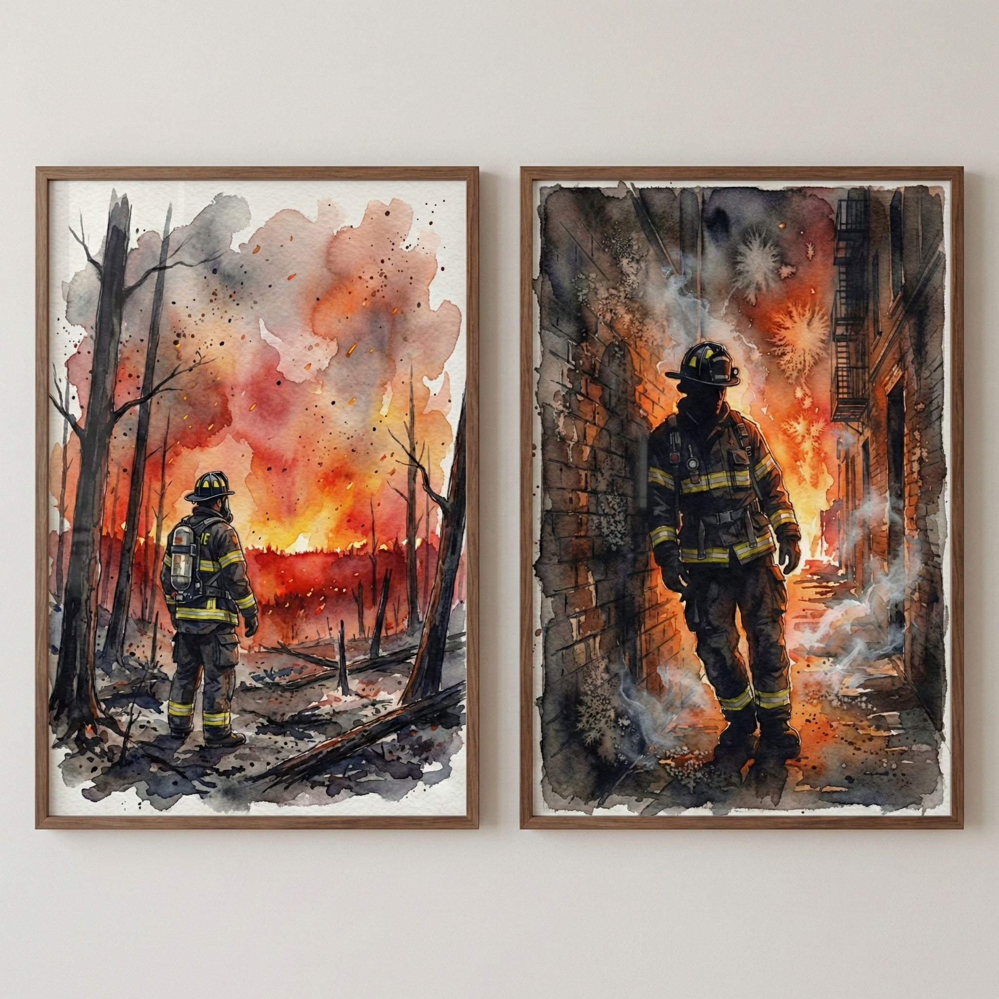 Watercolor Firefighter Wall Art Set of 2 - Flames Of Valor