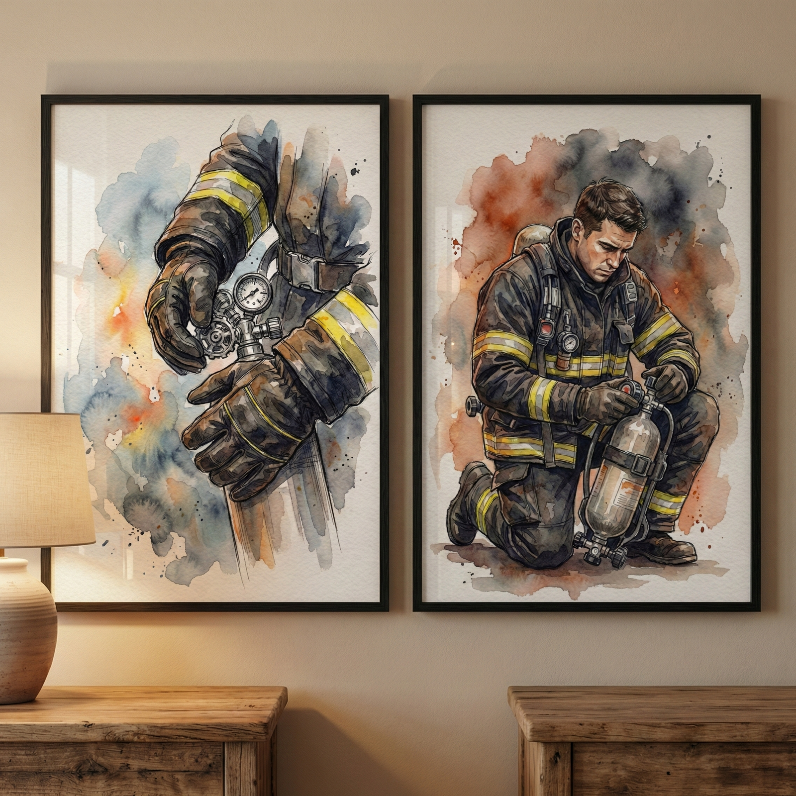 Two framed watercolor-style illustrations hang side-by-side on a light-colored wall above two wooden sideboards. The left frame shows a close-up of a firefighter’s gloved hands working with a pressure gauge and valve on an air tank. The right frame features a firefighter in full gear kneeling solemnly while holding a silver air cylinder. Both artworks utilize a palette of grays, blues, and oranges with loose watercolor splatters suggesting smoke and flame. A lamp is visible on the far left.