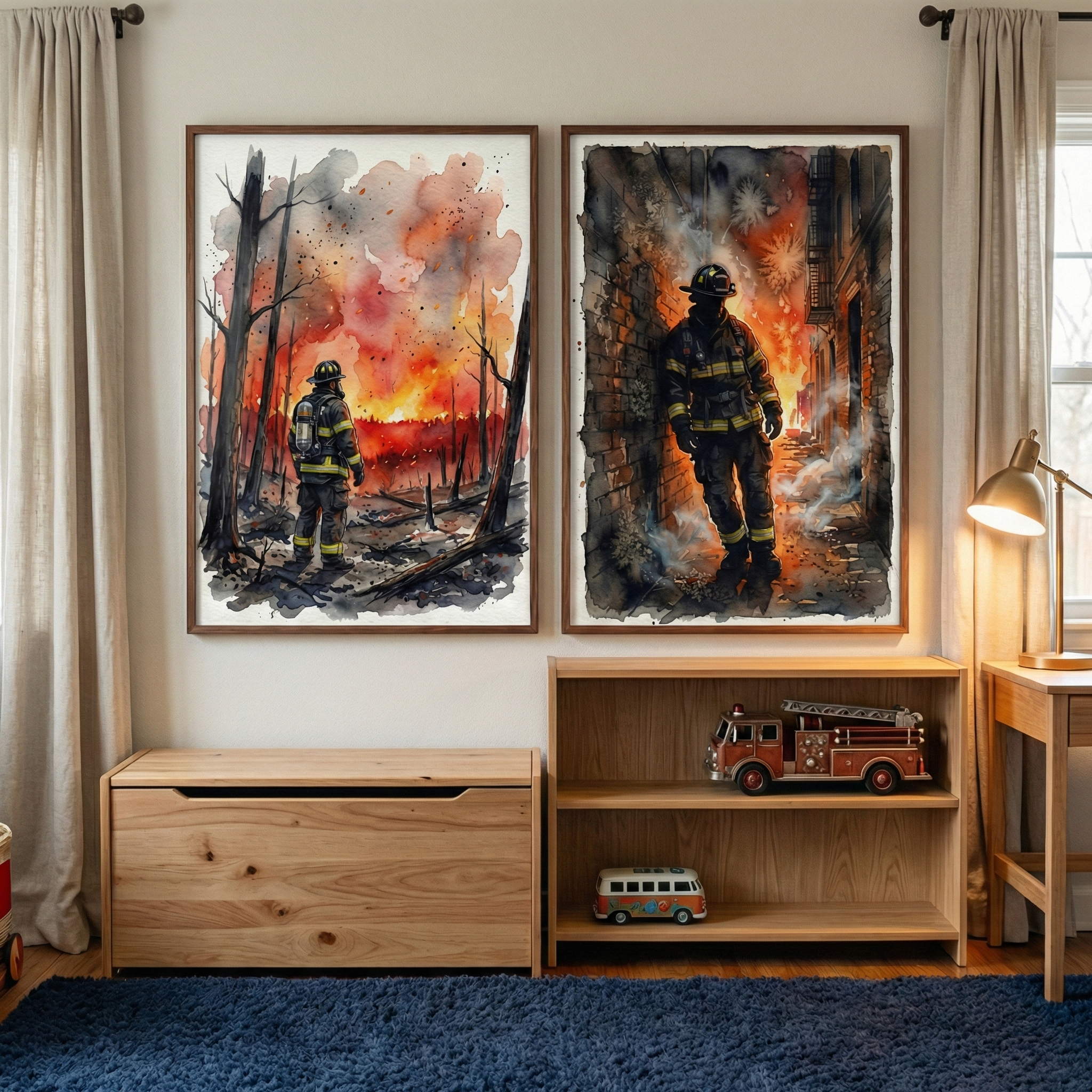 Watercolor Firefighter Wall Art Set of 2 - Flames Of Valor