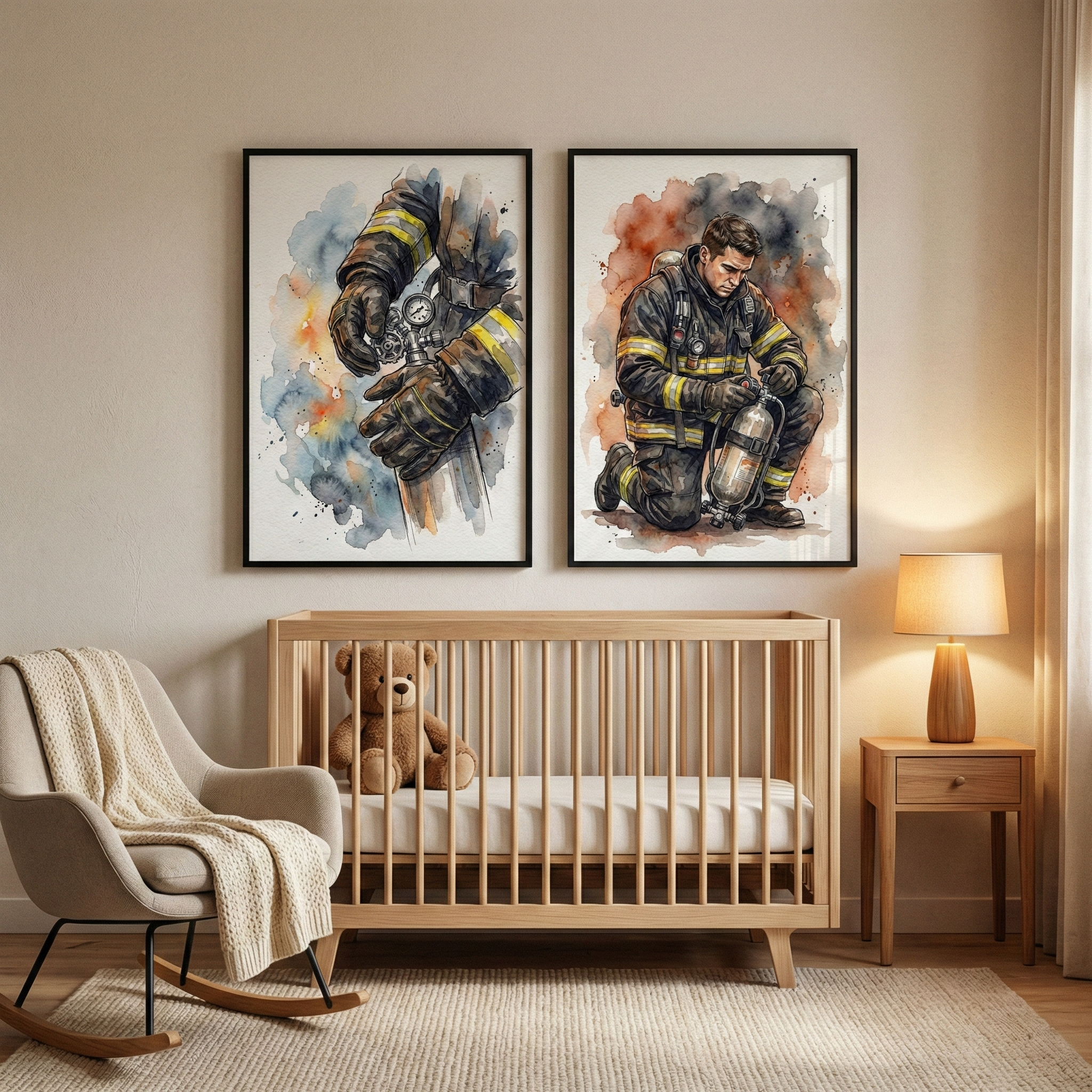 Watercolor Firefighter Wall Art Set of 2 - Brave Service Spirit