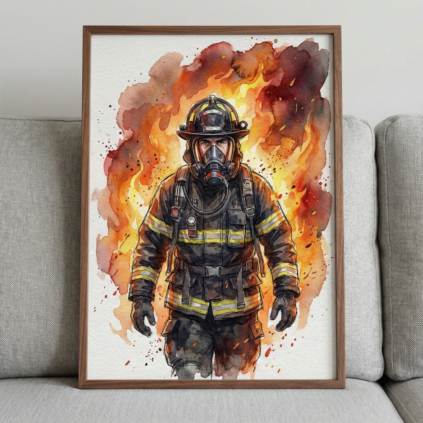 A framed watercolor illustration of a firefighter in full protective gear, standing centered against a background of abstract, swirling orange and red flames. The firefighter is wearing a black helmet, a respirator mask, and a heavy dark jacket and pants with bright yellow and silver reflective safety stripes. The artwork is characterized by soft watercolor washes and textured splatters that suggest heat and smoke. 