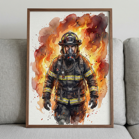 A framed watercolor illustration of a firefighter in full protective gear, standing centered against a background of abstract, swirling orange and red flames. The firefighter is wearing a black helmet, a respirator mask, and a heavy dark jacket and pants with bright yellow and silver reflective safety stripes. The artwork is characterized by soft watercolor washes and textured splatters that suggest heat and smoke. 