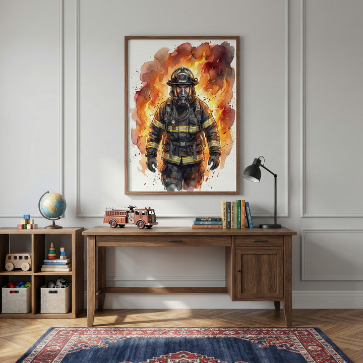 A vertical framed artwork hangs on a light gray wall with decorative molding, centered above a wooden desk. The artwork, created in a watercolor style, depicts a firefighter in full protective gear, including a helmet and mask, walking forward amidst vibrant orange and yellow flames. On the desk below, there is a vintage red toy fire truck, a small stack of books, and a black adjustable desk lamp. To the left, a wooden cubby shelf holds a globe, toy blocks, and storage bins. 