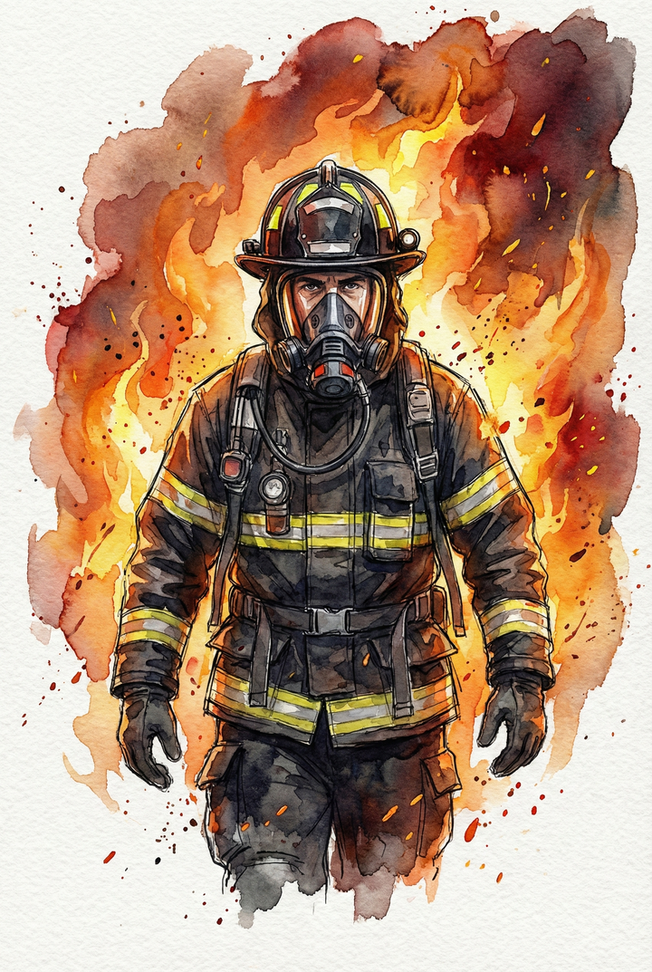 Front facing watercolor portrait of a firefighter wearing a helmet and full face breathing mask. Flames rise behind him, casting a dramatic orange glow around his protective gear.


