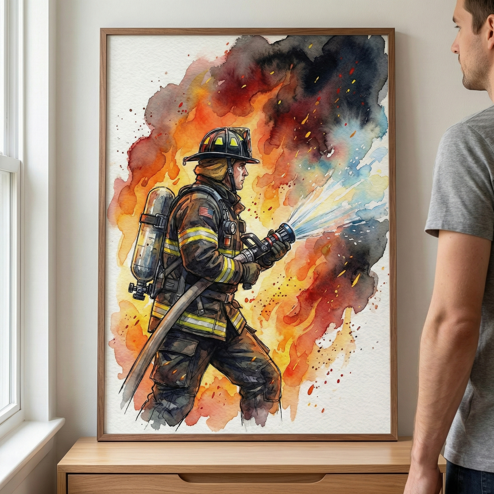 A man in a grey t-shirt stands next to a framed watercolor illustration of a firefighter. The firefighter, clad in dark turnout gear with yellow reflective stripes, a helmet, and an oxygen tank, aims a high-pressure hose that sprays a jet of white water. Intense, abstract splashes of orange, red, and black watercolor create a backdrop of fire and smoke. The frame is a light wood, matching the cabinet it rests on. Soft light comes from a window on the left side of the scene.