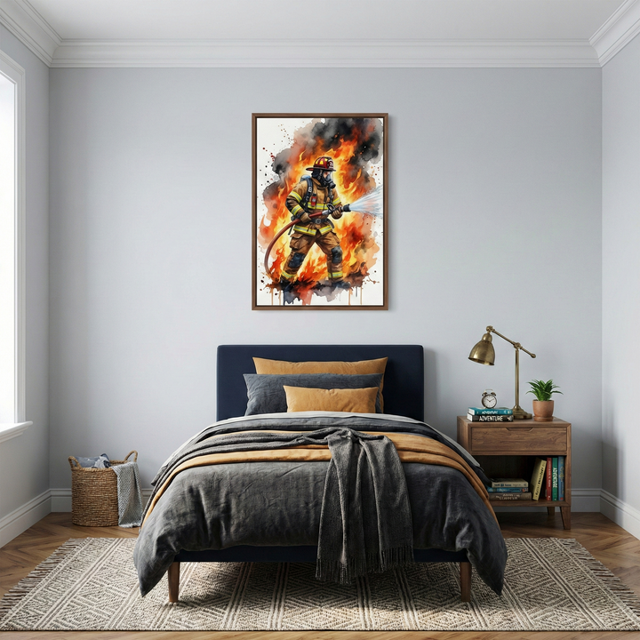 A modern bedroom features a twin bed with a navy blue headboard against a grey wall. The bed is styled with grey linens and mustard yellow pillows. To the right, a wooden nightstand holds a brass lamp. Above the bed hangs a framed vertical illustration of a firefighter in protective gear surrounded by vibrant orange and red watercolor-style flames. A geometric patterned rug lies on the hardwood floor, and a woven basket sits to the side. The room has white crown molding.