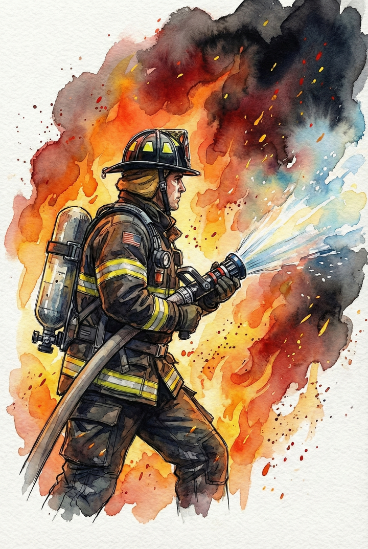Watercolor style illustration of a firefighter in full protective gear spraying a powerful stream of water toward large orange flames. Smoke and embers rise behind the figure, emphasizing the intensity of the fire.

