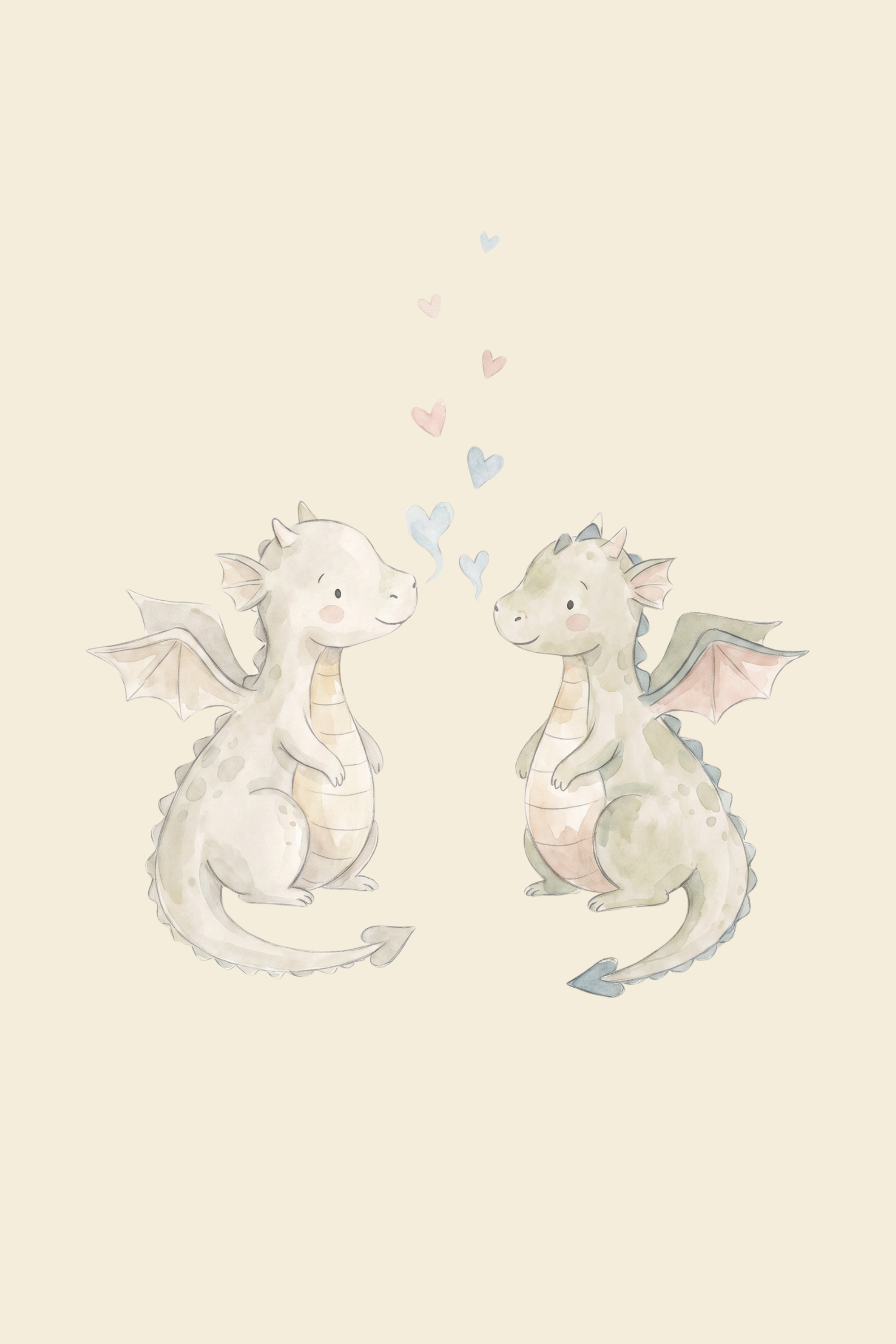 Watercolor Floating Hearts Dragon Wall Art - Sweet Dragon Pair