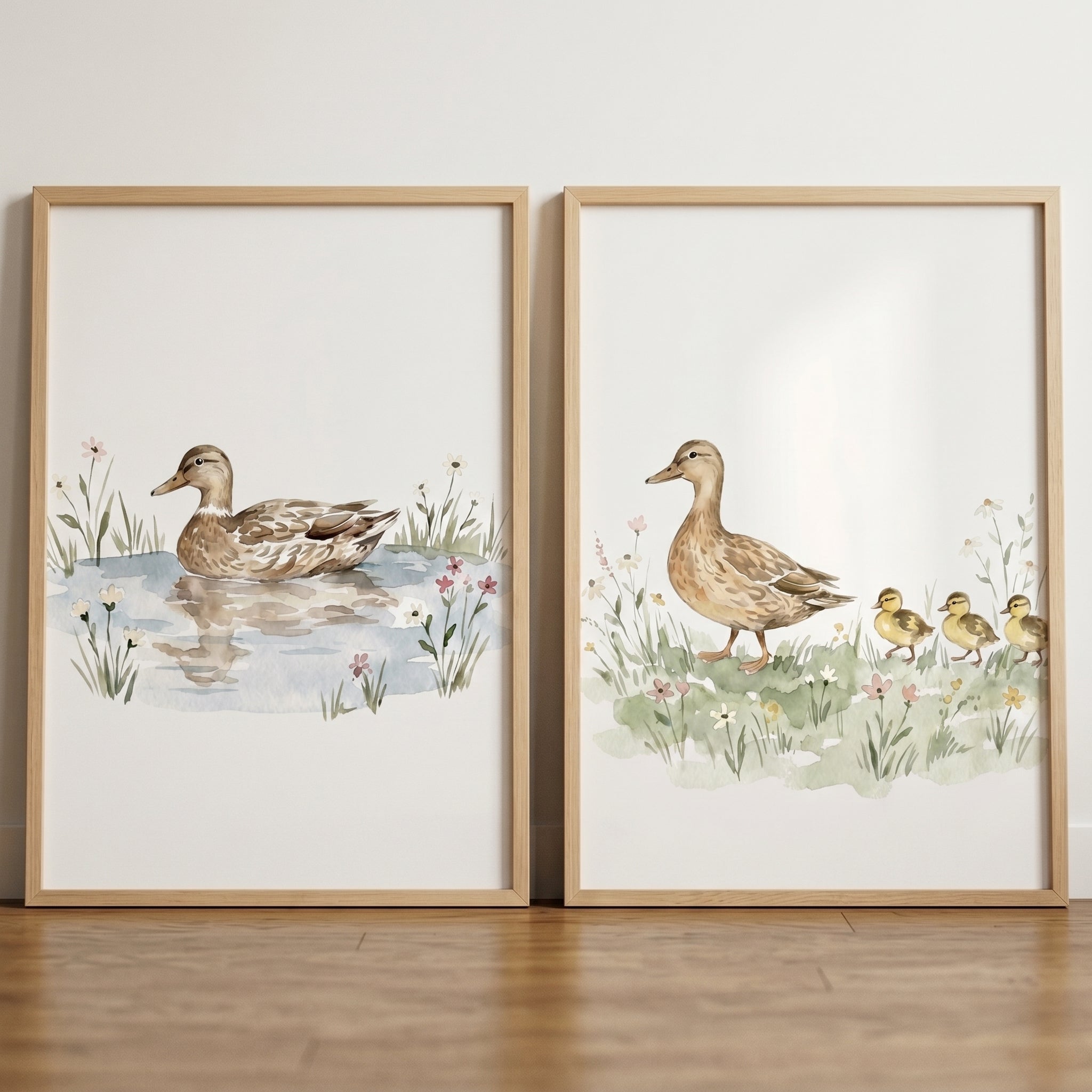 Watercolor Floral Brown Duck Wall Art Set of 2 - Duck Family Scenes