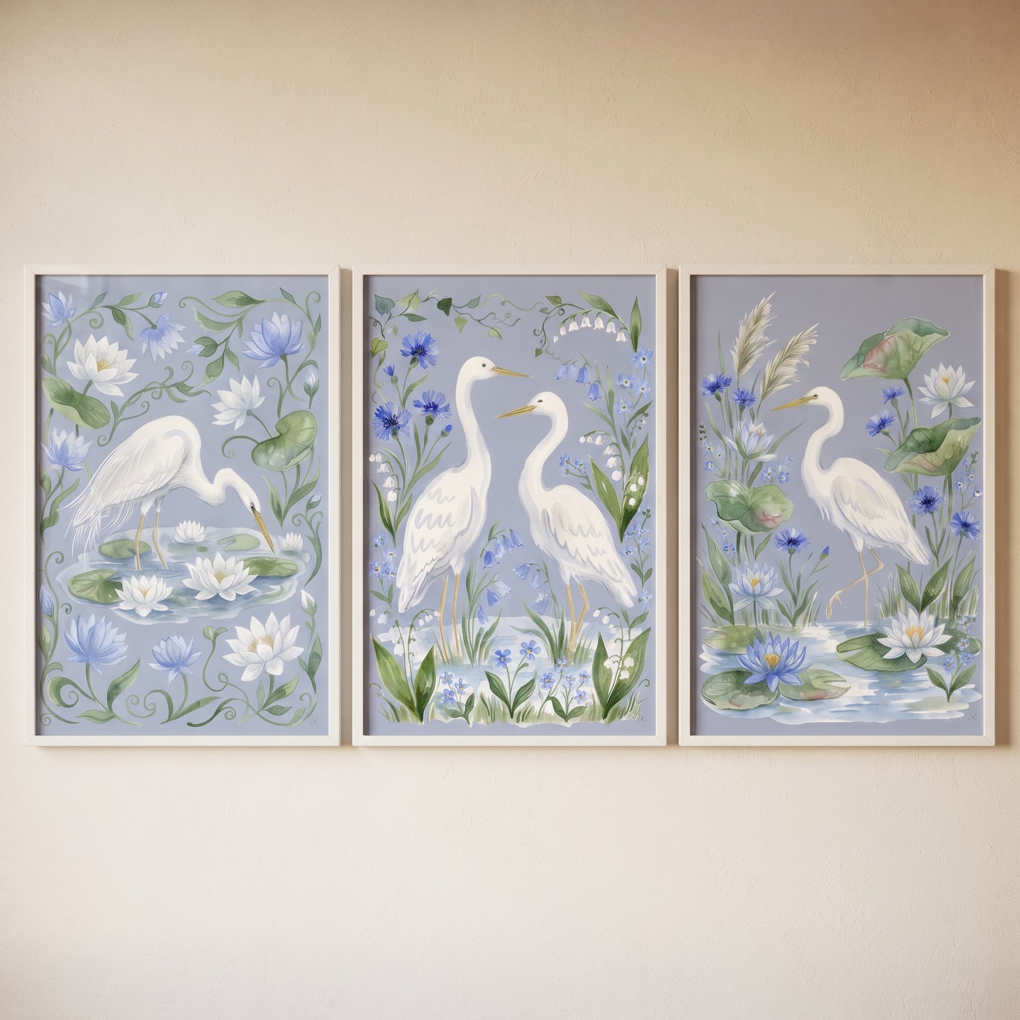 Watercolor Floral Egret Bird Wall Art Set of 3 - Azure Lily Garden