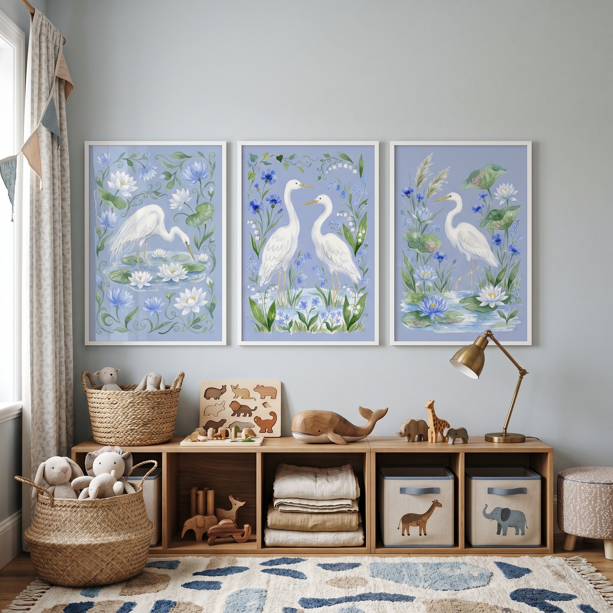 Watercolor Floral Egret Bird Wall Art Set of 3 - Azure Lily Garden