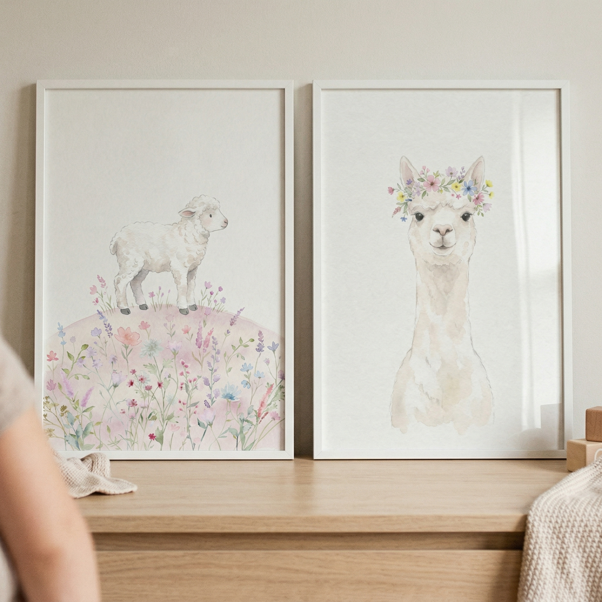Watercolor Floral Farm Animal Wall Art Set of 2 - Floral Animal Duo