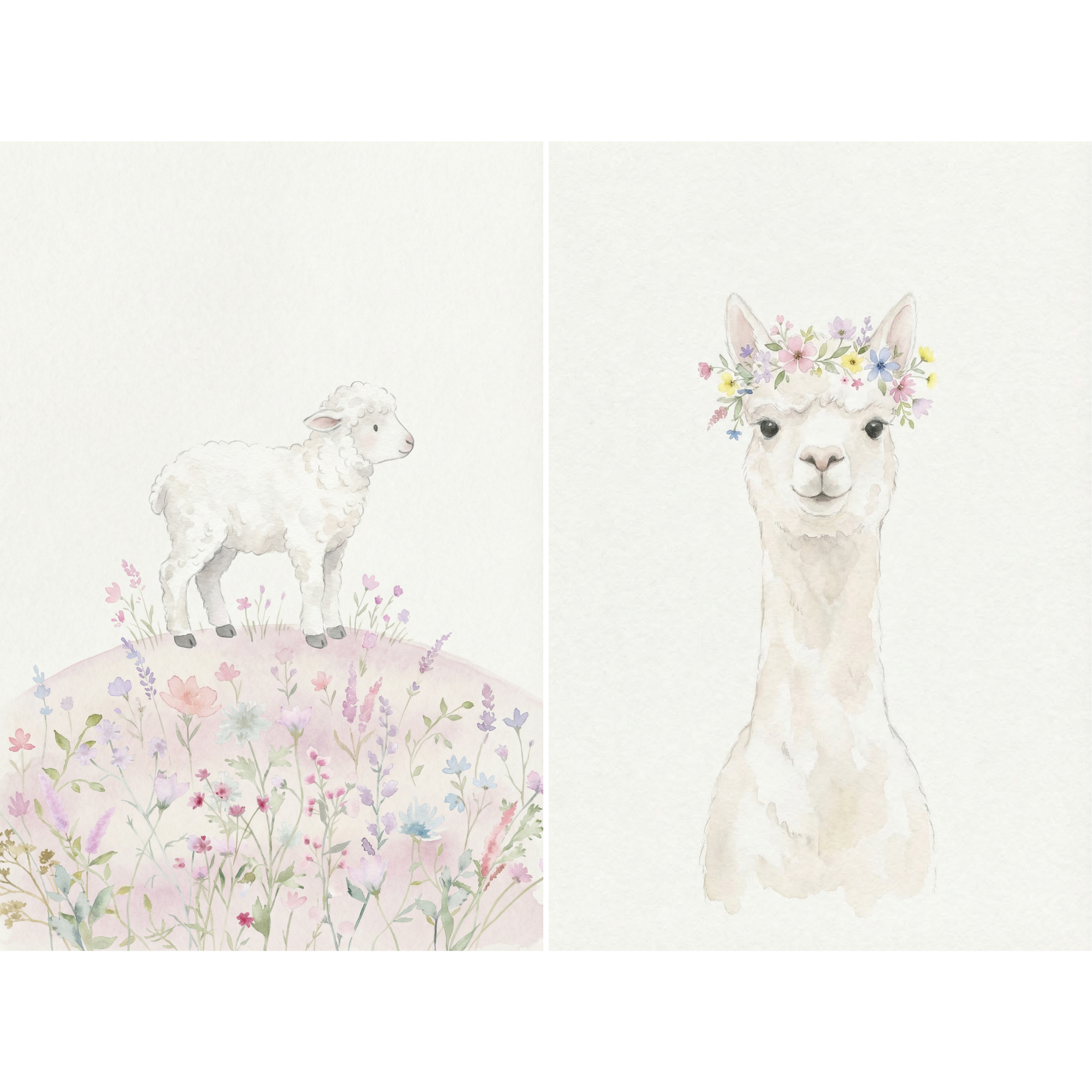 Watercolor Floral Farm Animal Wall Art Set of 2 - Floral Animal Duo