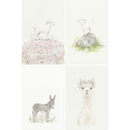 Four watercolor illustrations show a fluffy lamb standing on a pastel flower covered hill a baby goat balanced on a rock a small gray donkey in a meadow and a llama wearing a delicate floral crown. The soft muted tones and gentle animals create a sweet calming nursery art set.