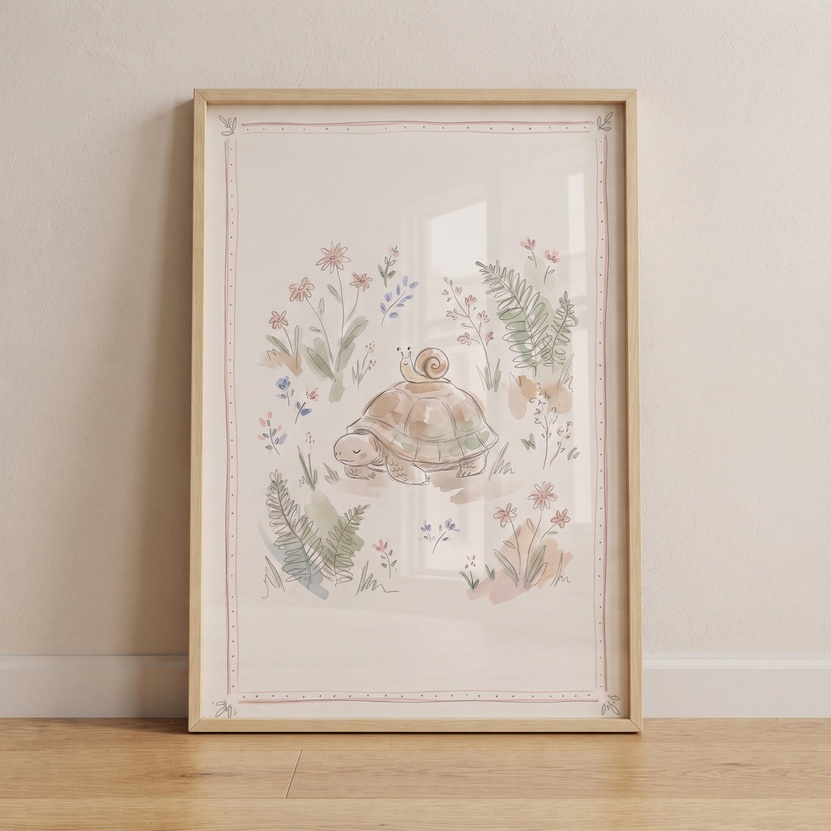 Watercolor floral garden turtle wall art in a wood frame featuring a turtle and snail amidst soft pastel flowers and ferns.