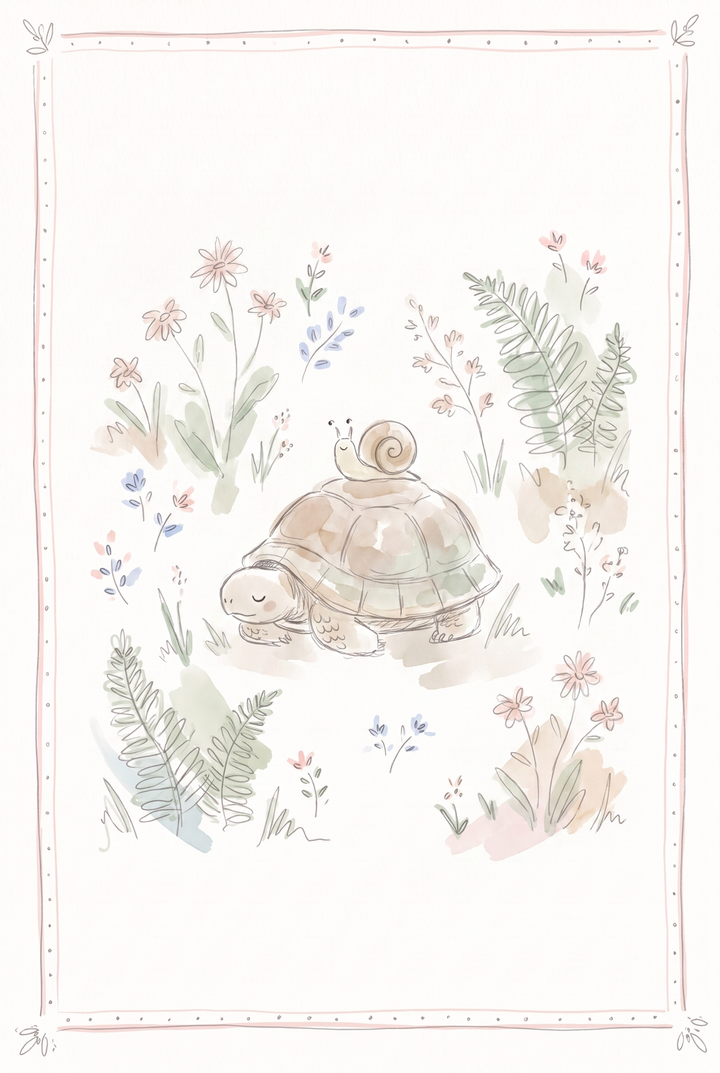 A snail rides a turtle in this watercolor floral garden turtle wall art featuring soft pink flowers and green ferns.