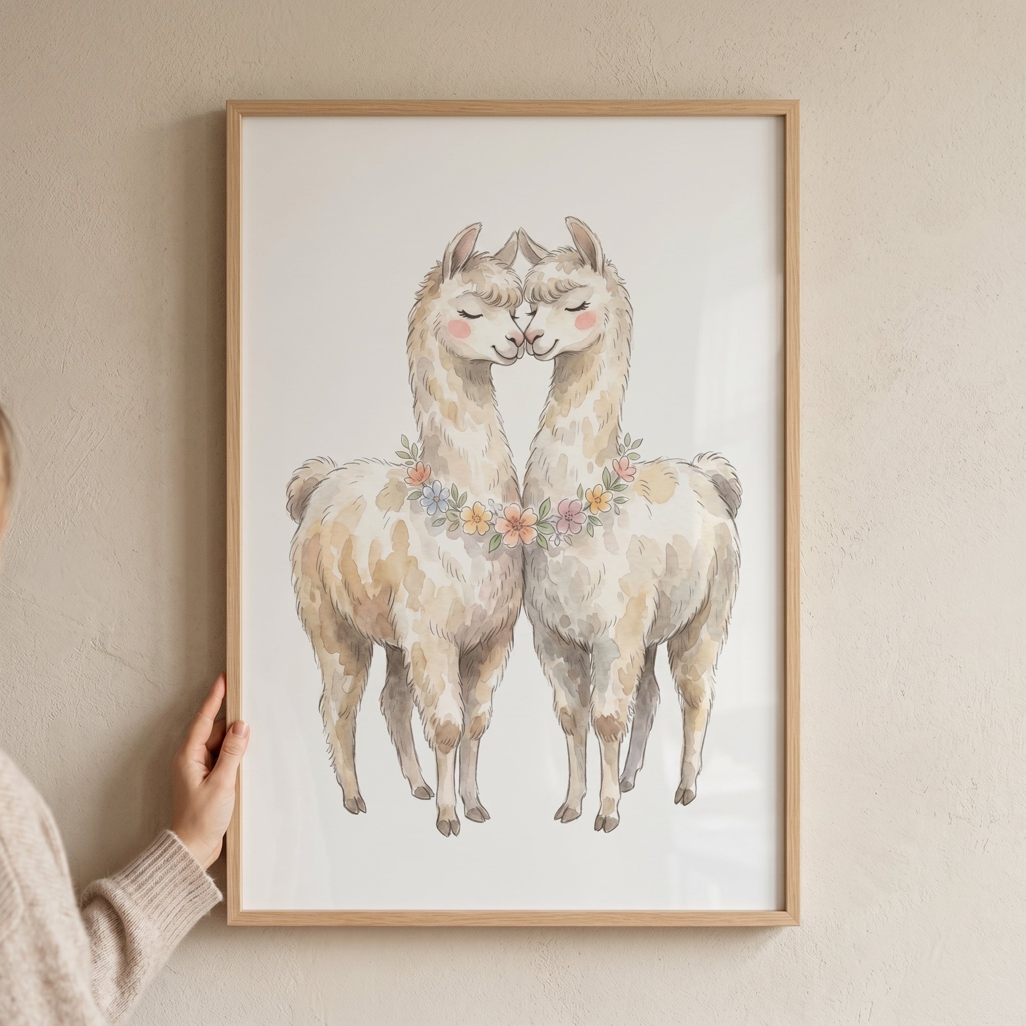 Watercolor Floral Hugging Llama Wall Art - Llama Love