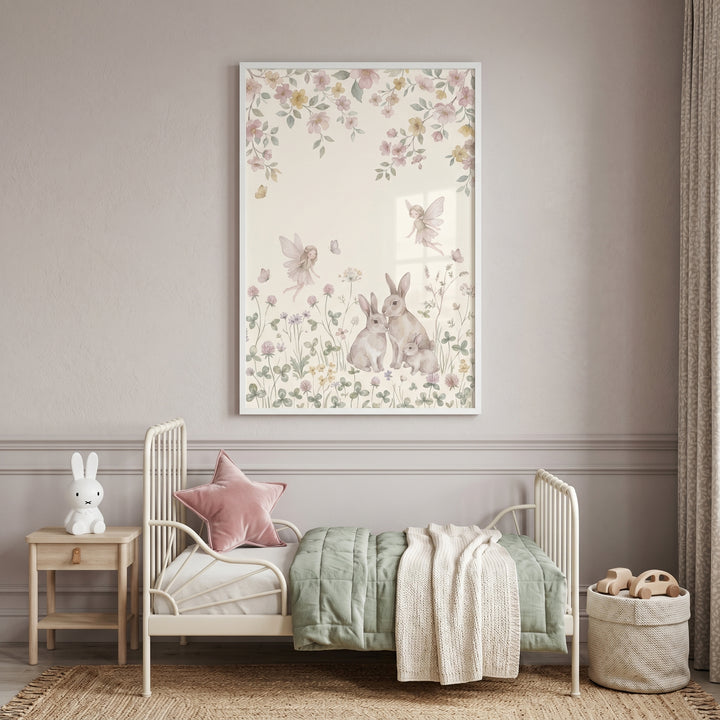 Watercolor floral meadow bunnies wall art hangs above a white metal bed with a pink star pillow and bunny lamp.