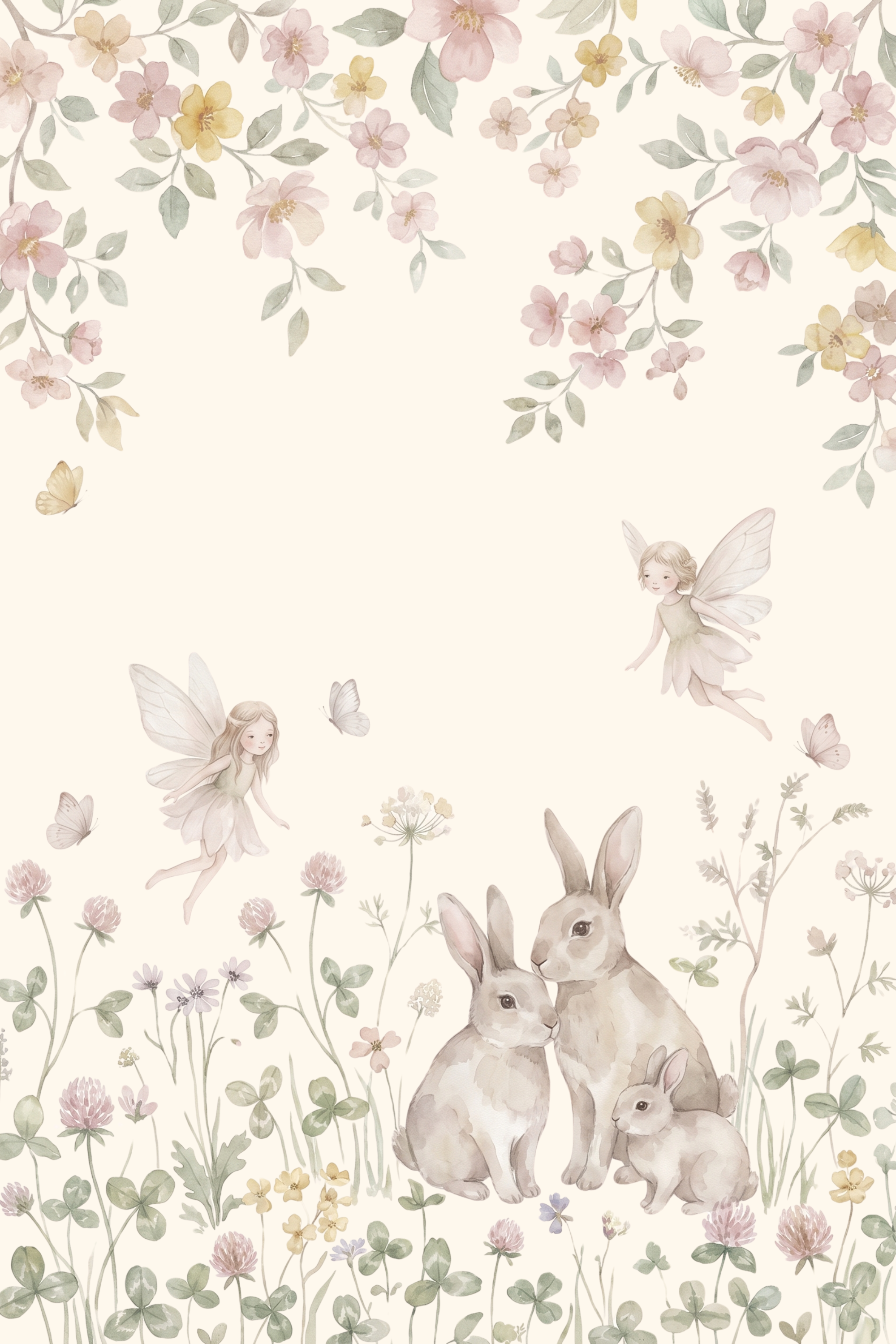 Watercolor Floral Meadow Bunnies Wall Art - Enchanted Meadow Friends