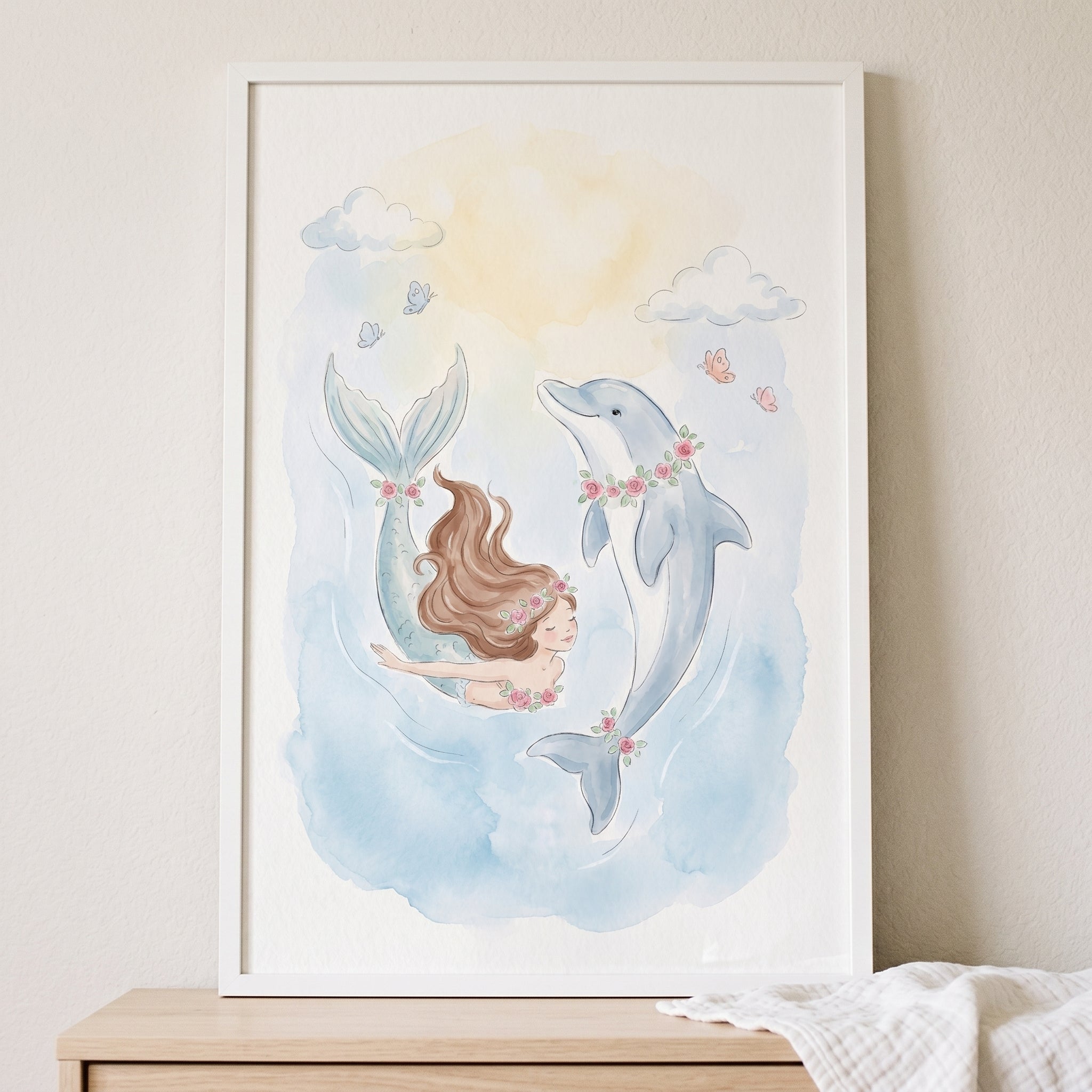 Watercolor Floral Mermaid Dolphin Wall Art - Ocean Blossom Friends