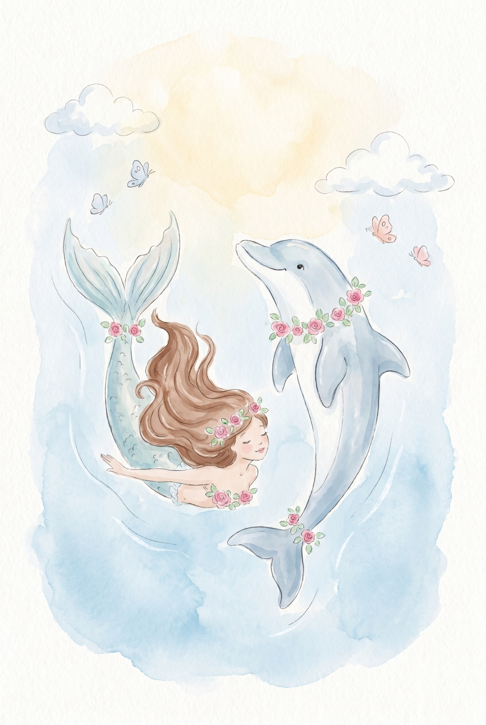 Watercolor Floral Mermaid Dolphin Wall Art - Ocean Blossom Friends