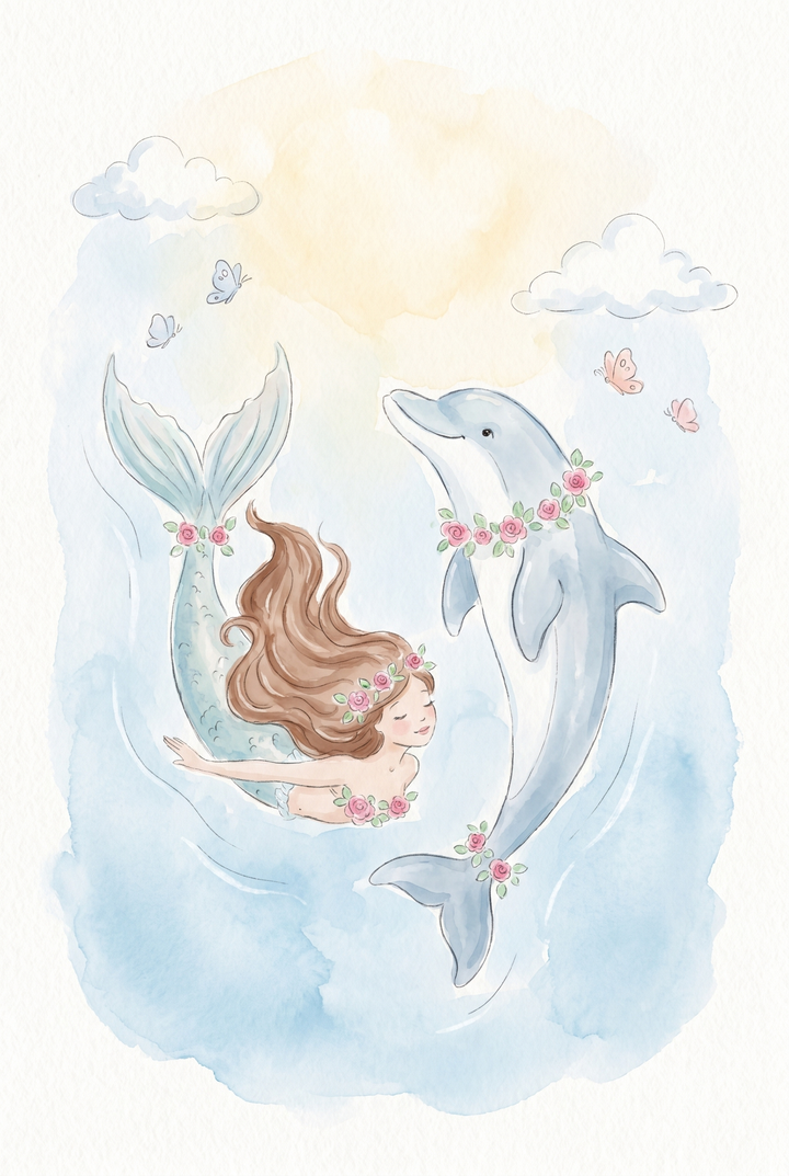 Watercolor floral mermaid dolphin wall art featuring a brown-haired mermaid and a dolphin with pink rose garlands.