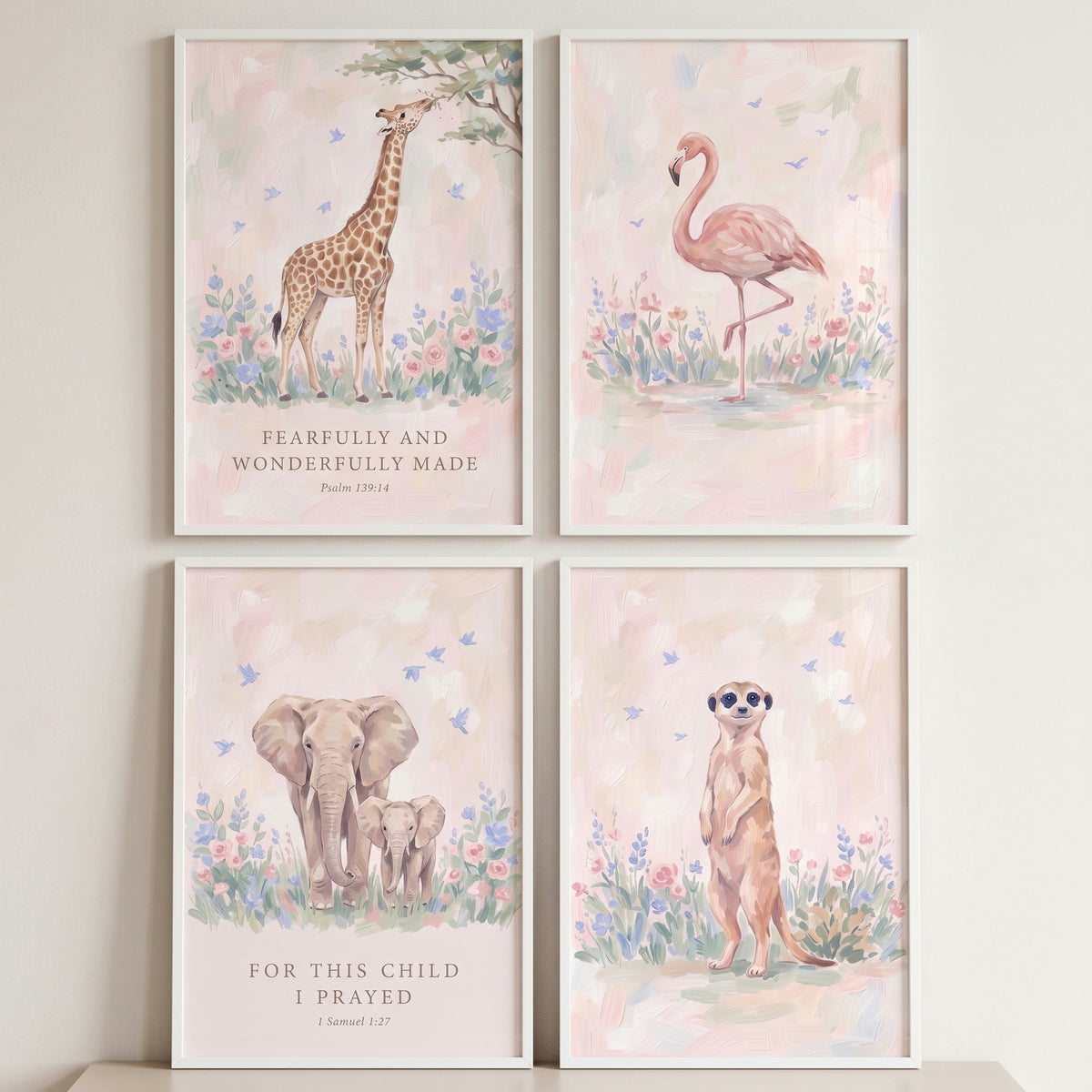 Watercolor Floral Safari Animals Wall Art Set of 4 - Scripture Nursery Animals
