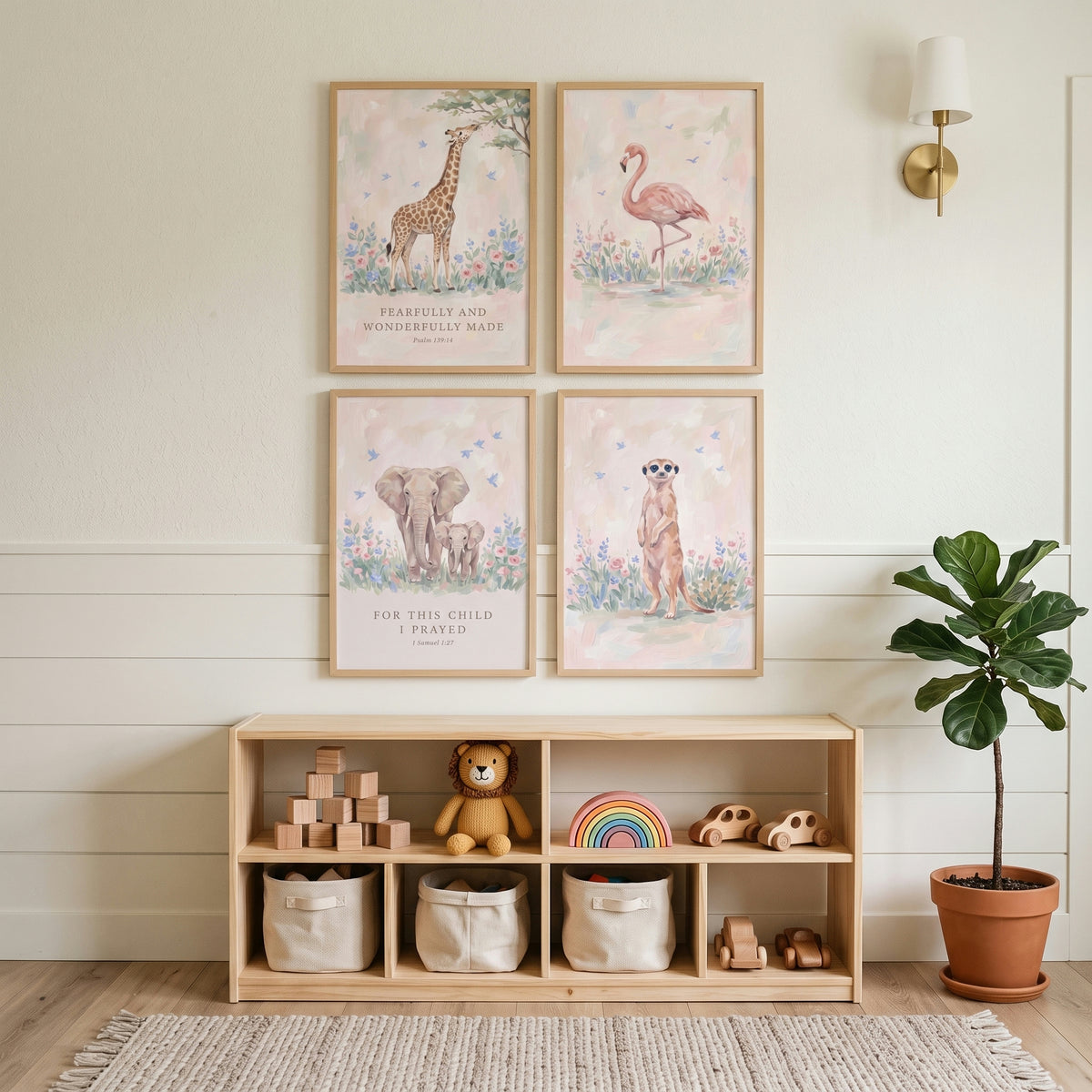 Watercolor Floral Safari Animals Wall Art Set of 4 - Scripture Nursery Animals
