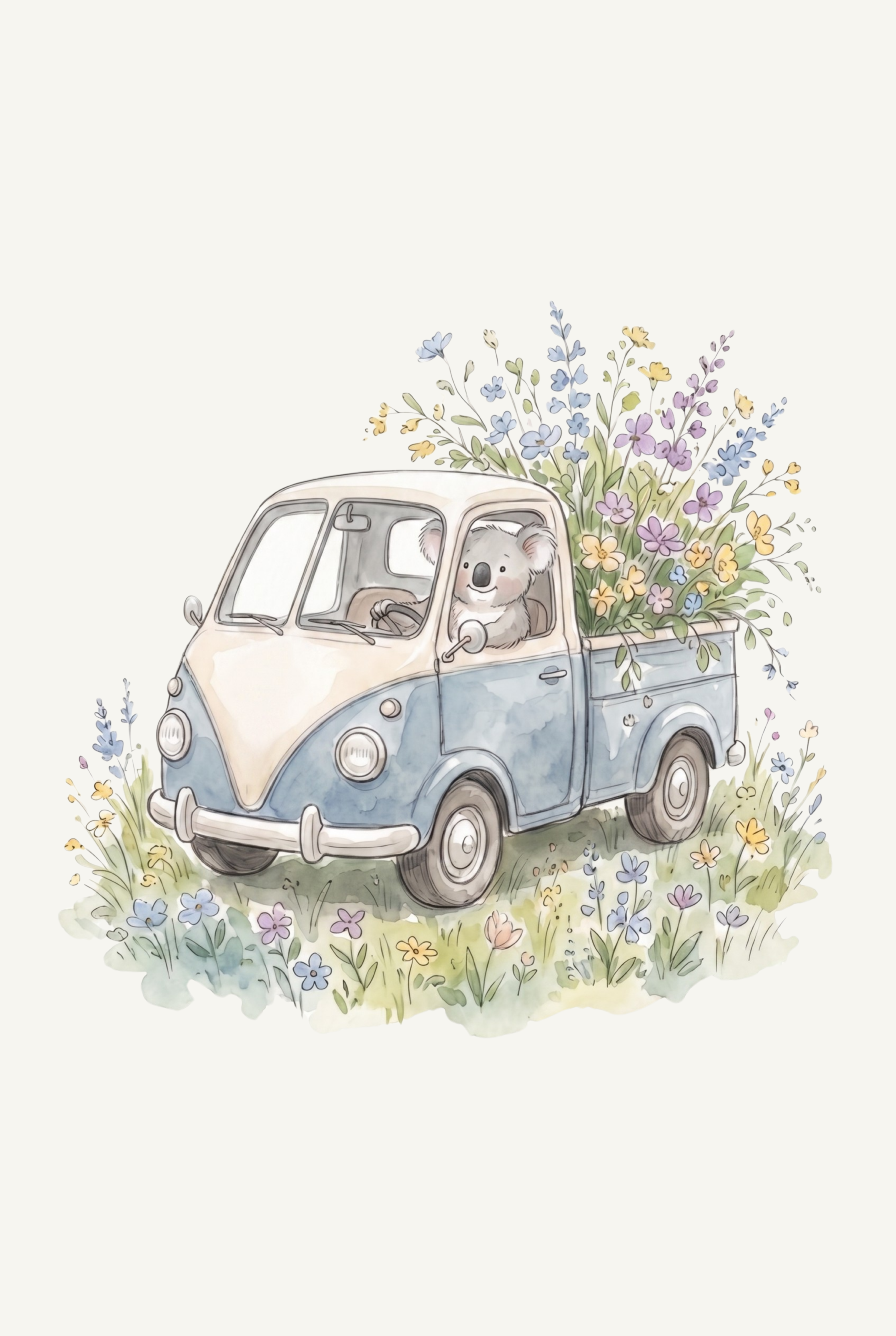Watercolor Floral Truck Koala Wall Art - Koala Flower Truck