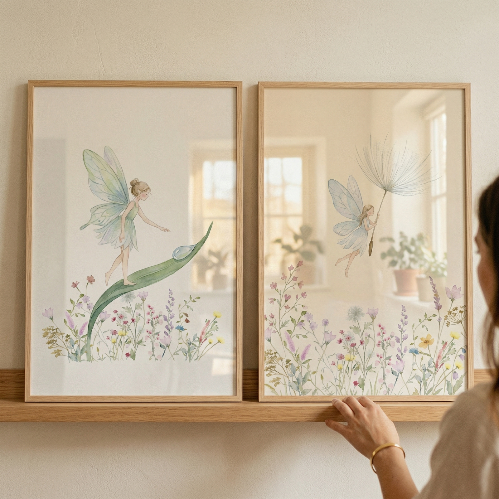 Two vertical framed illustrations in a soft watercolor style rest on a light wood shelf. The artwork on the left depicts a small fairy with iridescent wings walking across a curved green leaf above a field of delicate wildflowers. The artwork on the right features a similar fairy floating while holding a dandelion seed puff over a flower meadow. A person's hand, wearing a thin gold bracelet, is touching the wooden shelf near the frames.