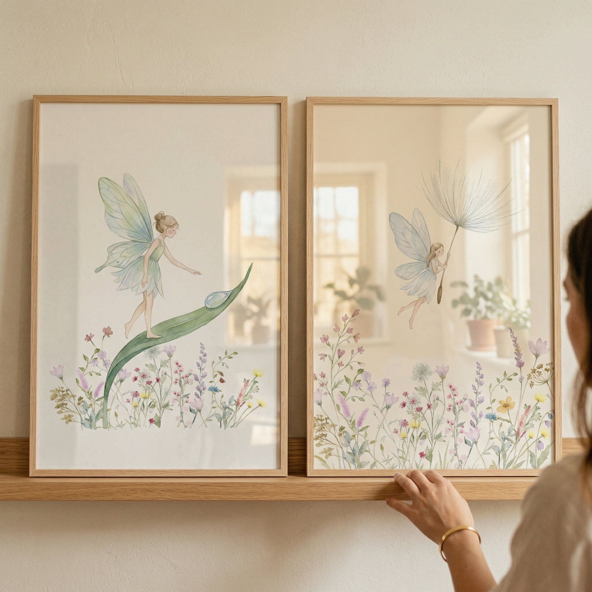 Watercolor Floral Whimsical Fairy Wall Art Set of 2 - Whimsical Garden Fairies