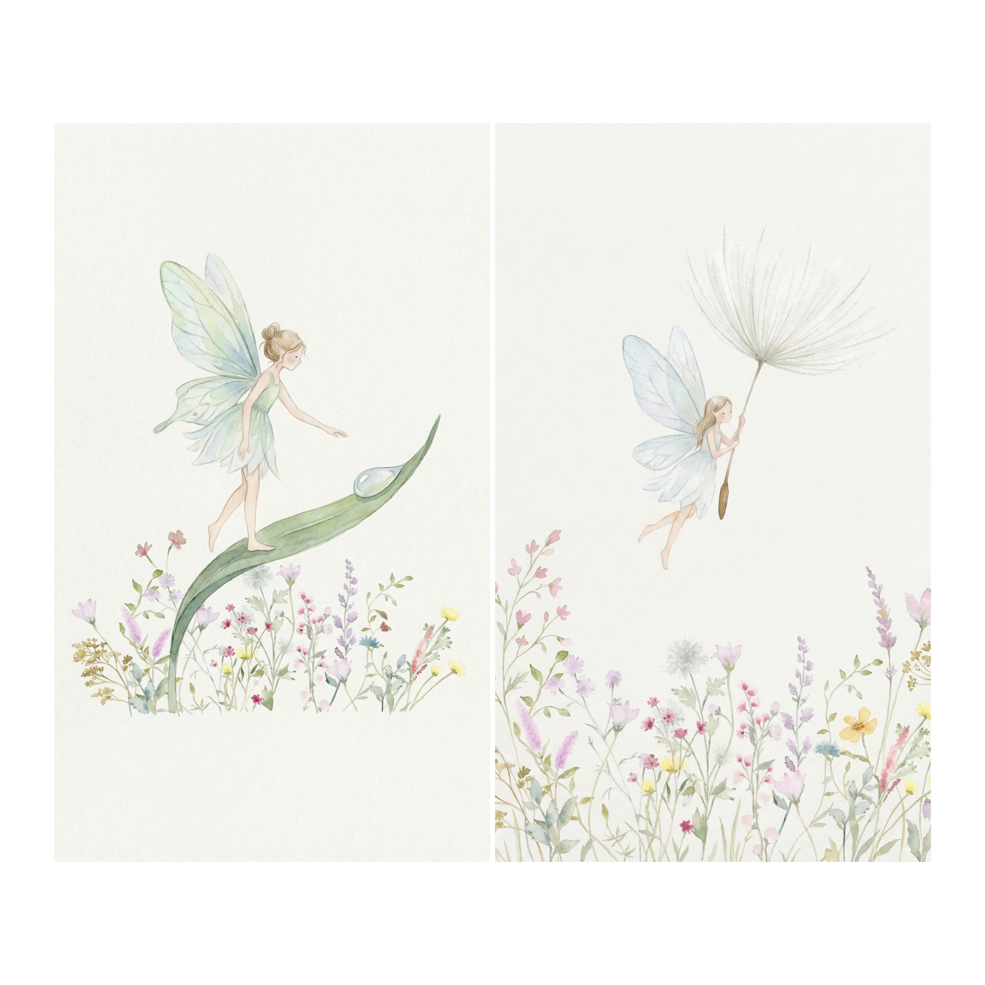 Watercolor Floral Whimsical Fairy Wall Art Set of 2 - Whimsical Garden Fairies