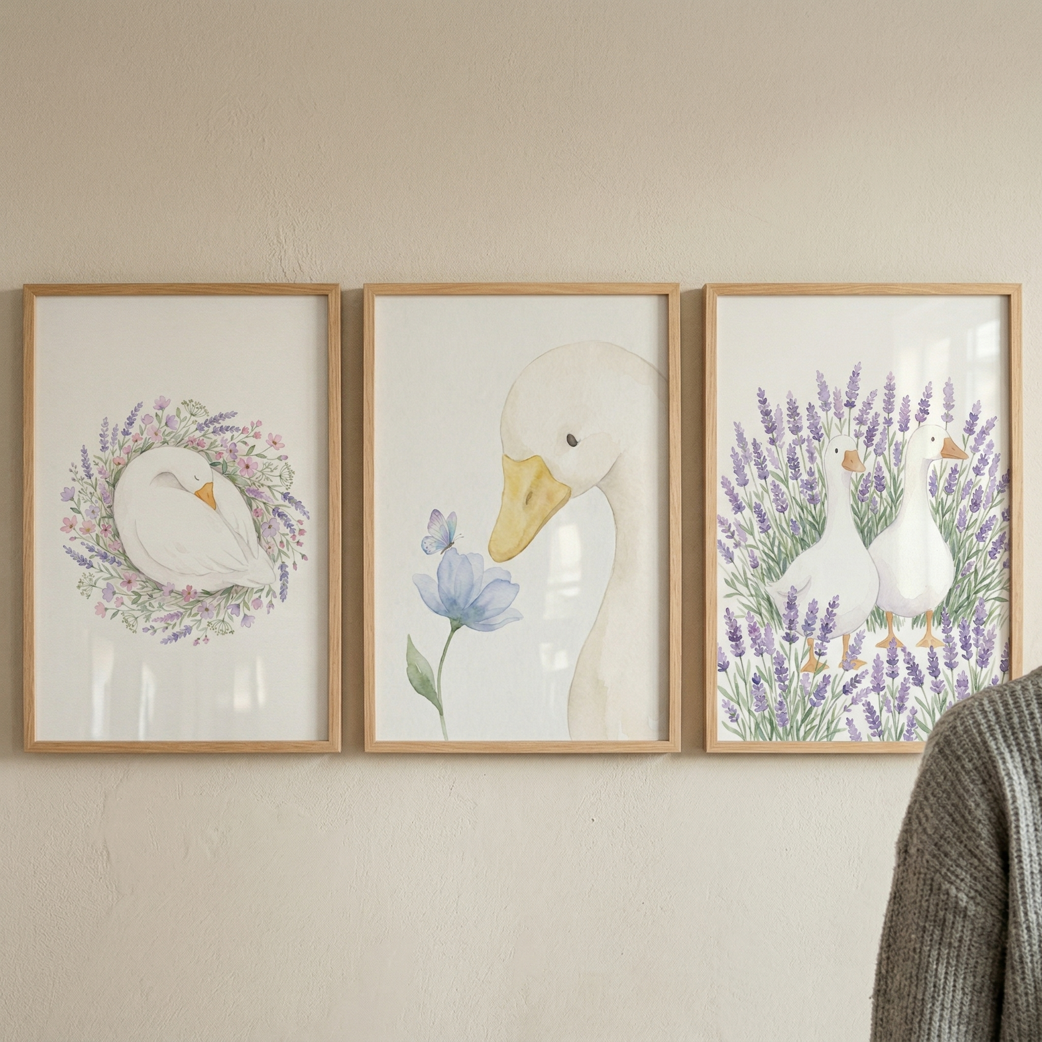 Watercolor Floral White Goose Wall Art Set of 3 - Lavender Meadow Geese