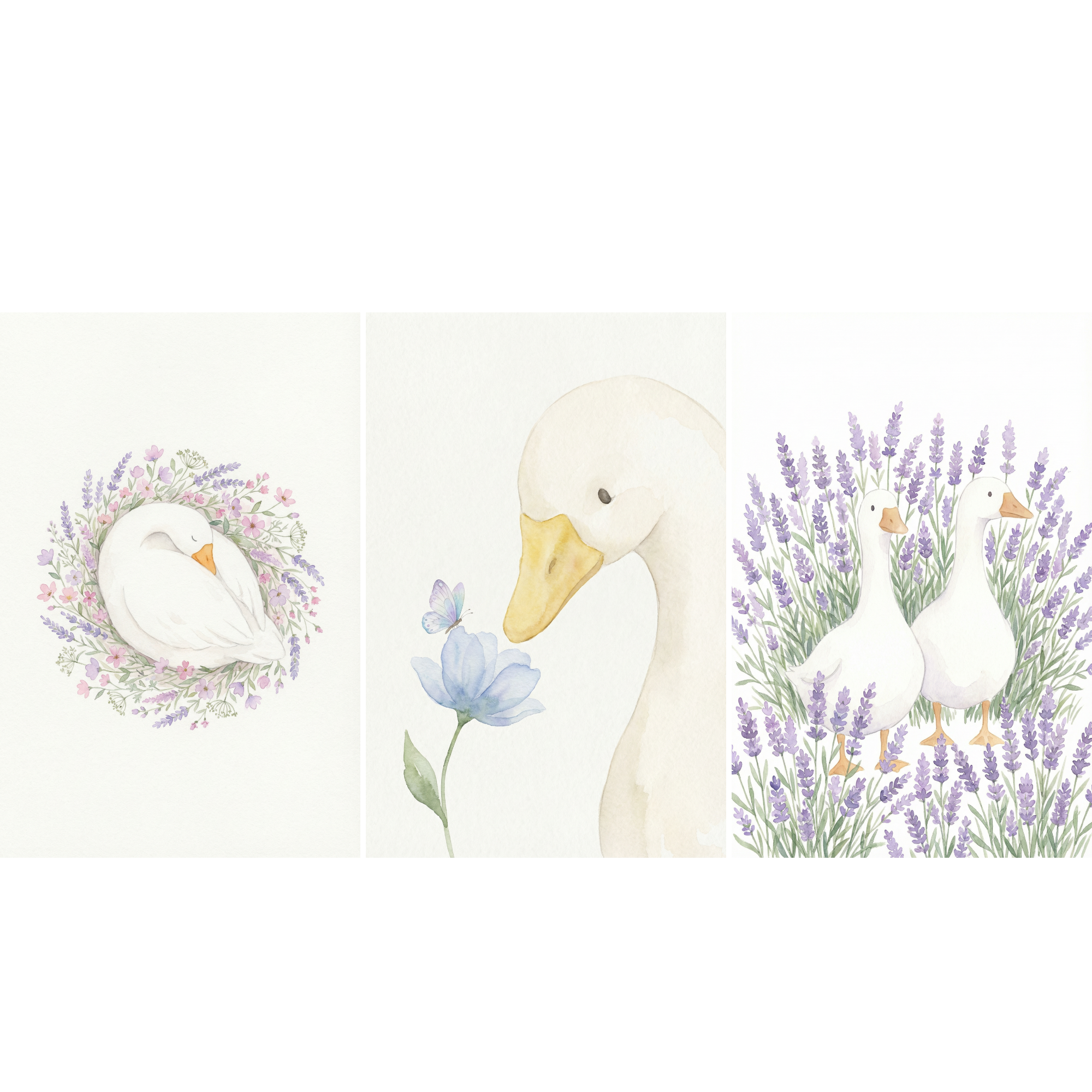 Watercolor Floral White Goose Wall Art Set of 3 - Lavender Meadow Geese