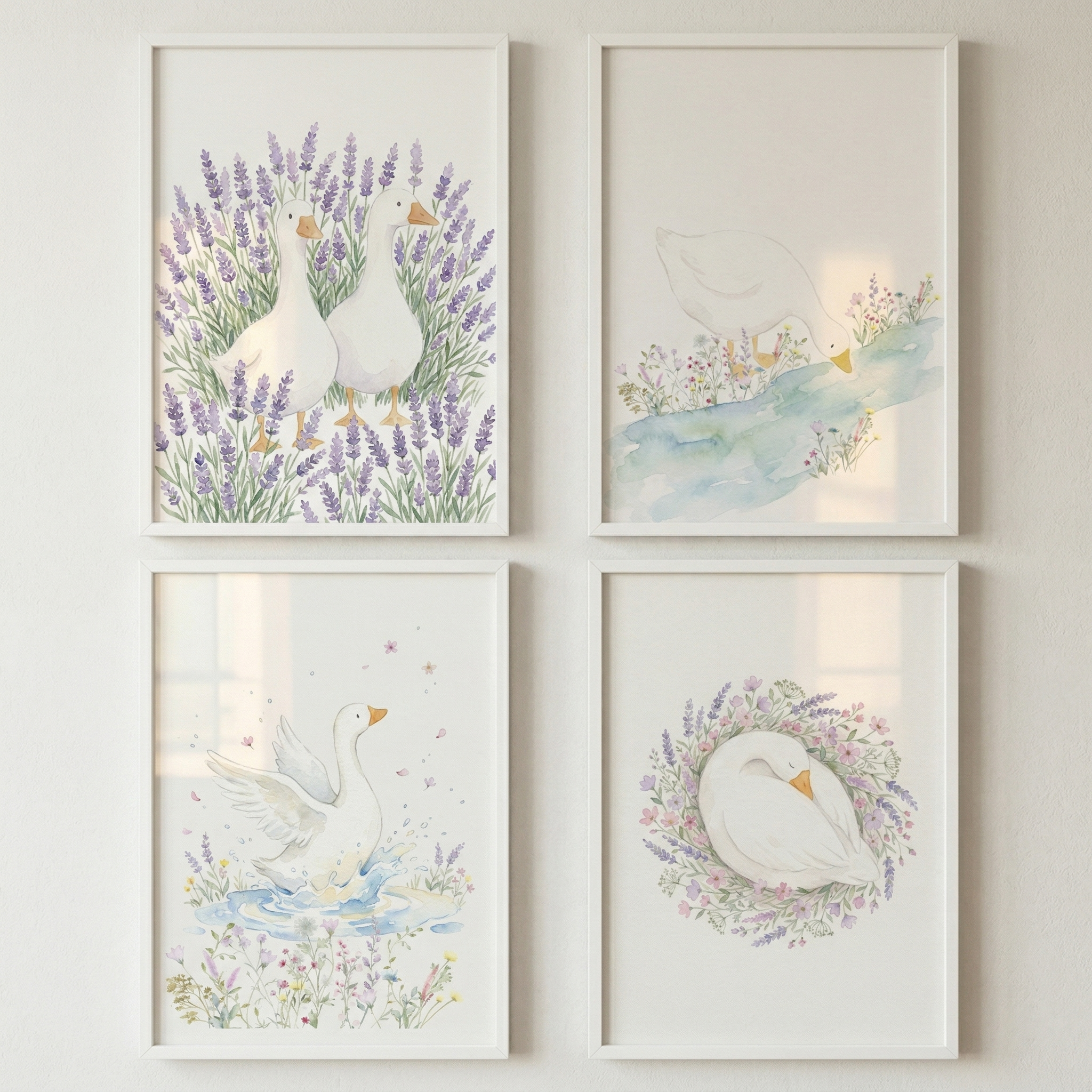 Watercolor Floral White Goose Wall Art Set of 4 - Pastoral Waterfowl Scenes