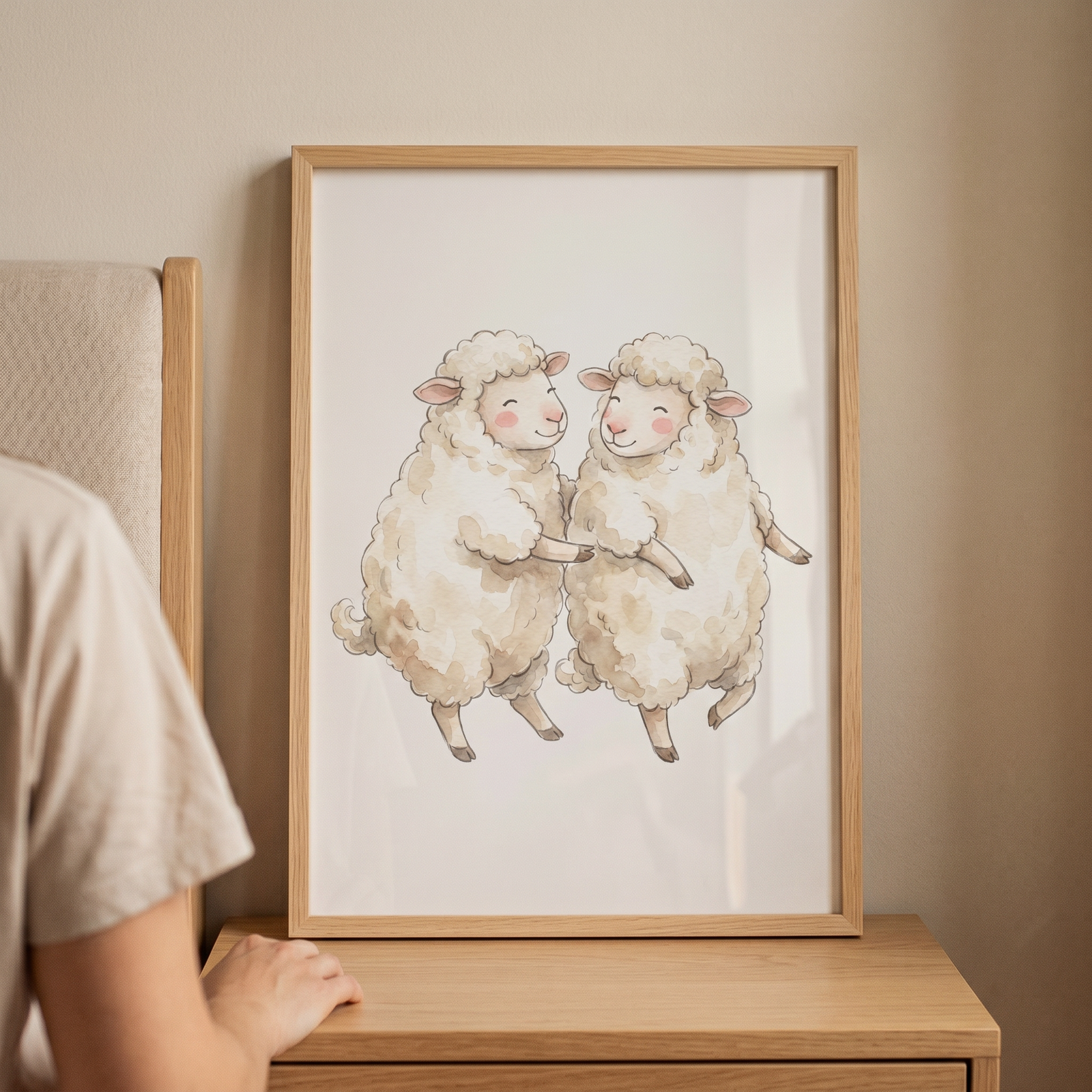 Watercolor fluffy dancing sheep wall art in a light wood frame rests on a nightstand beside a person.
