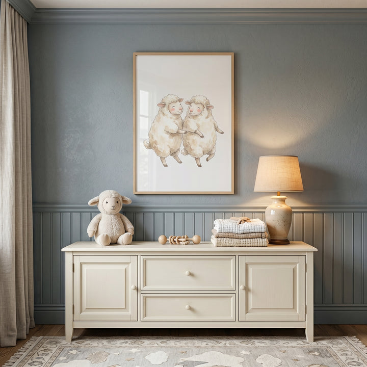 Watercolor fluffy dancing sheep wall art above a cream cabinet with a lamp and toy against blue paneled walls.