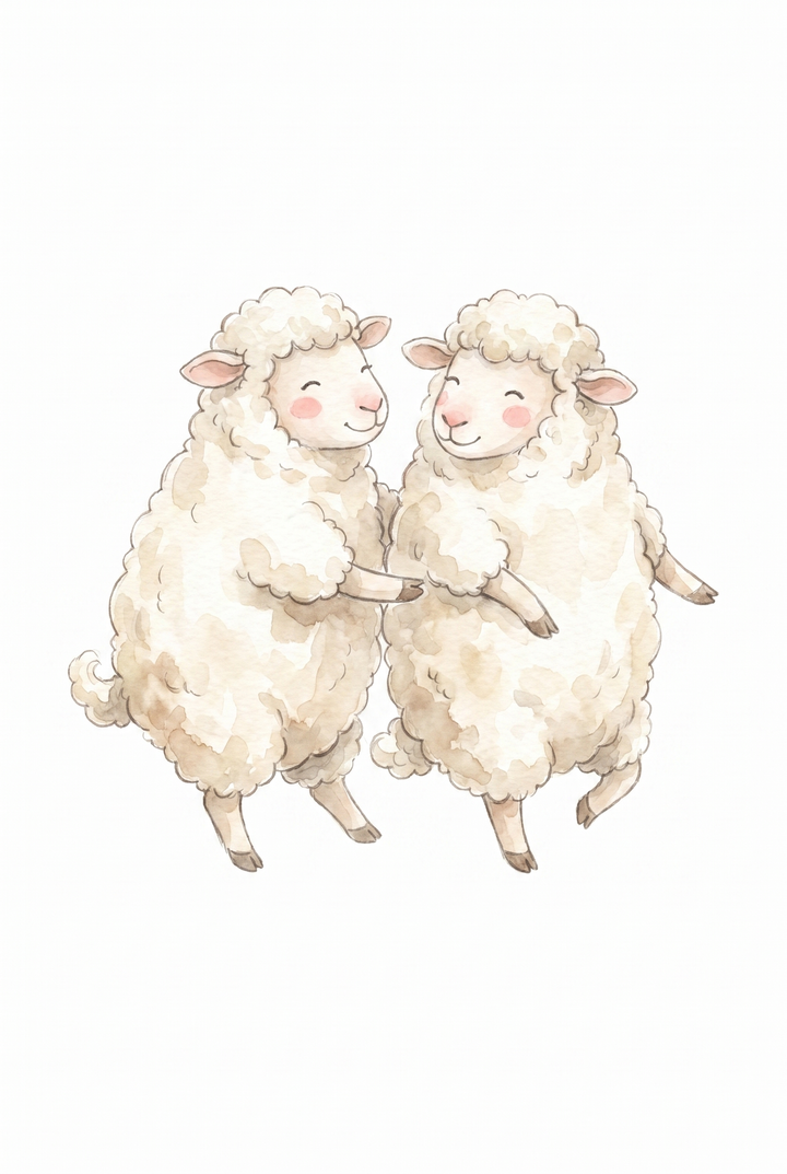 Watercolor fluffy dancing sheep wall art showing two smiling sheep with pink cheeks on a white background.